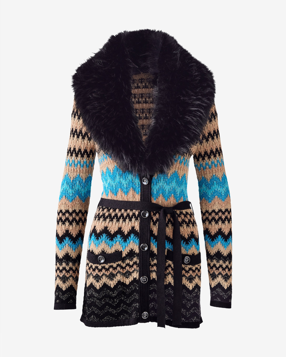 Fur Trimmed Intarsia Duster Black Multi