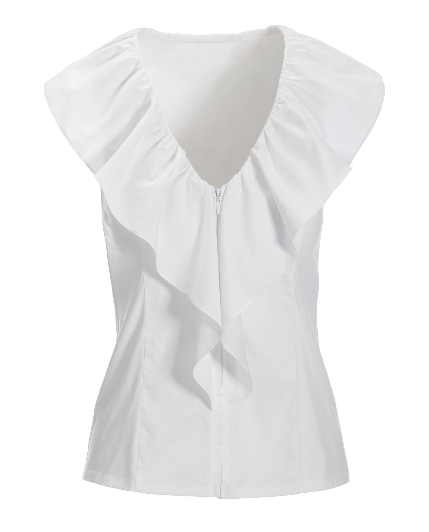 Mixed Media Poplin Ruffle Front Zip Top White