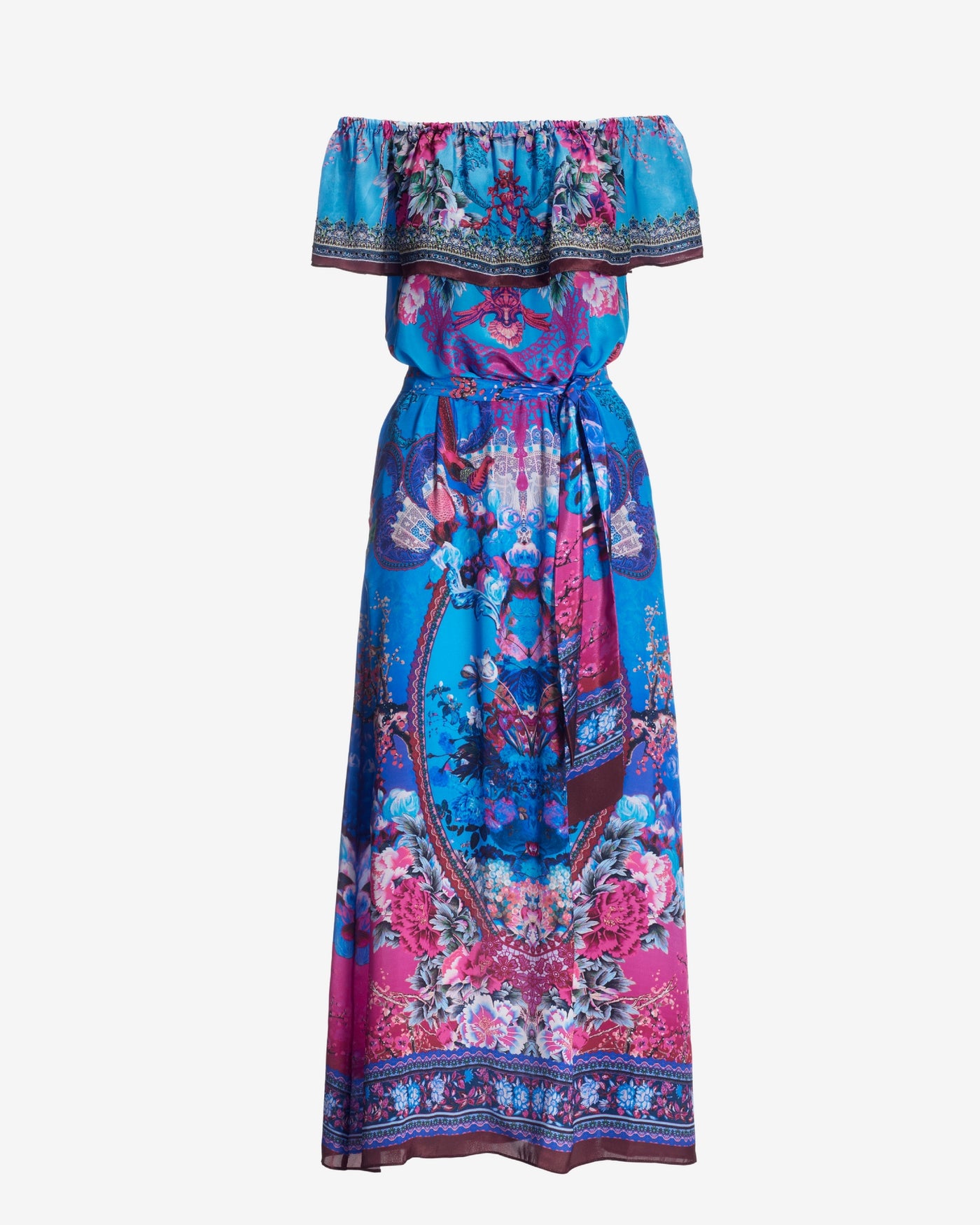 Floral Border Print Ruffle Off The Shoulder Maxi Dress Blue Multi