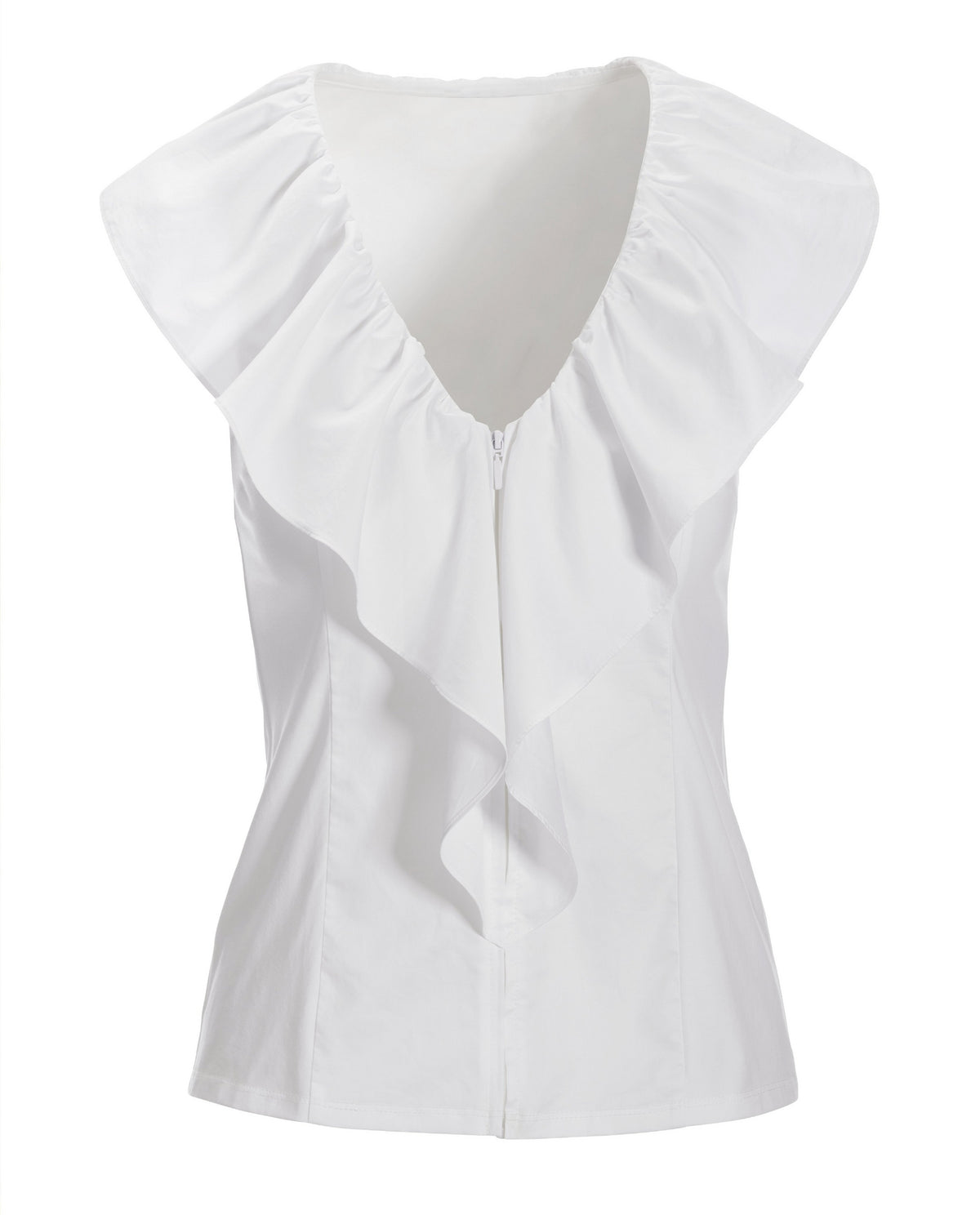 Mixed Media Poplin Ruffle Front Zip Top White