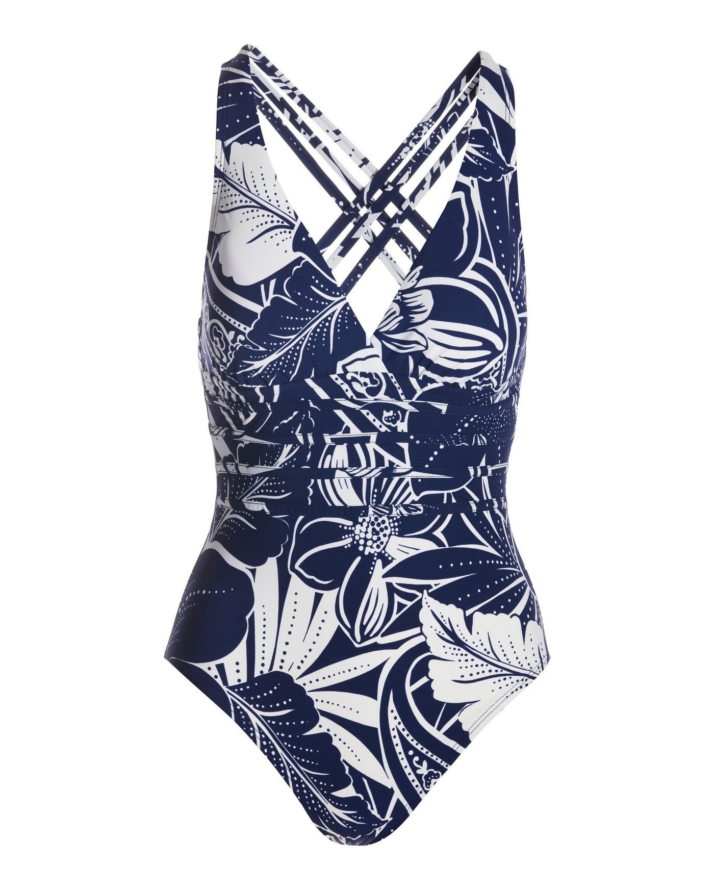 Exploded Floral Multistrap Cross-Back One-Piece Swimsuit Navy/White