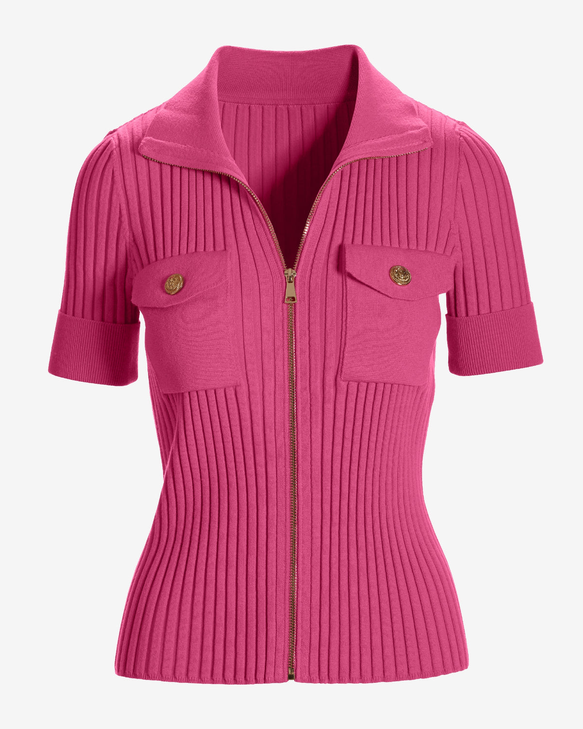 Wide Rib Zip Up Sweater Top Shocking Pink