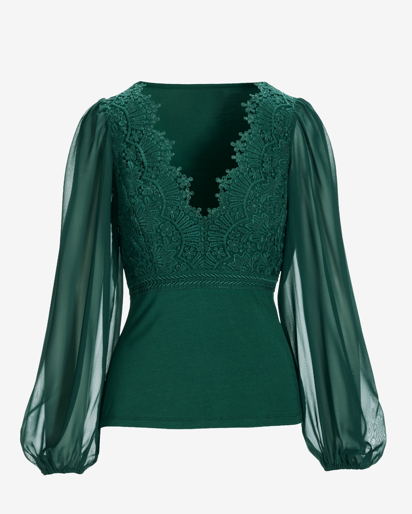 Scallop Lace Long Sleeve Top Deep Emerald