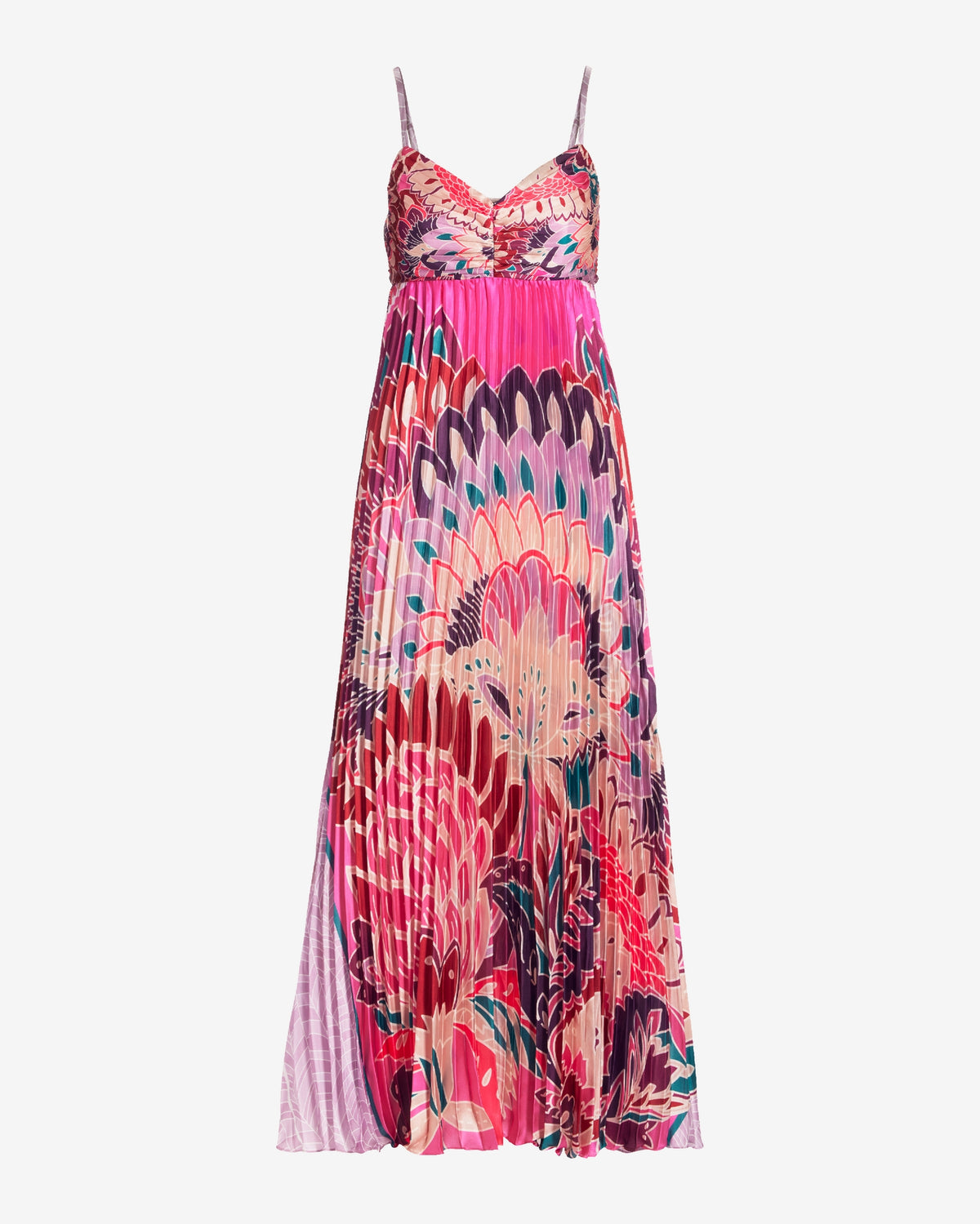 Printed Charmeuse Pleated Maxi Dress Pink Multi