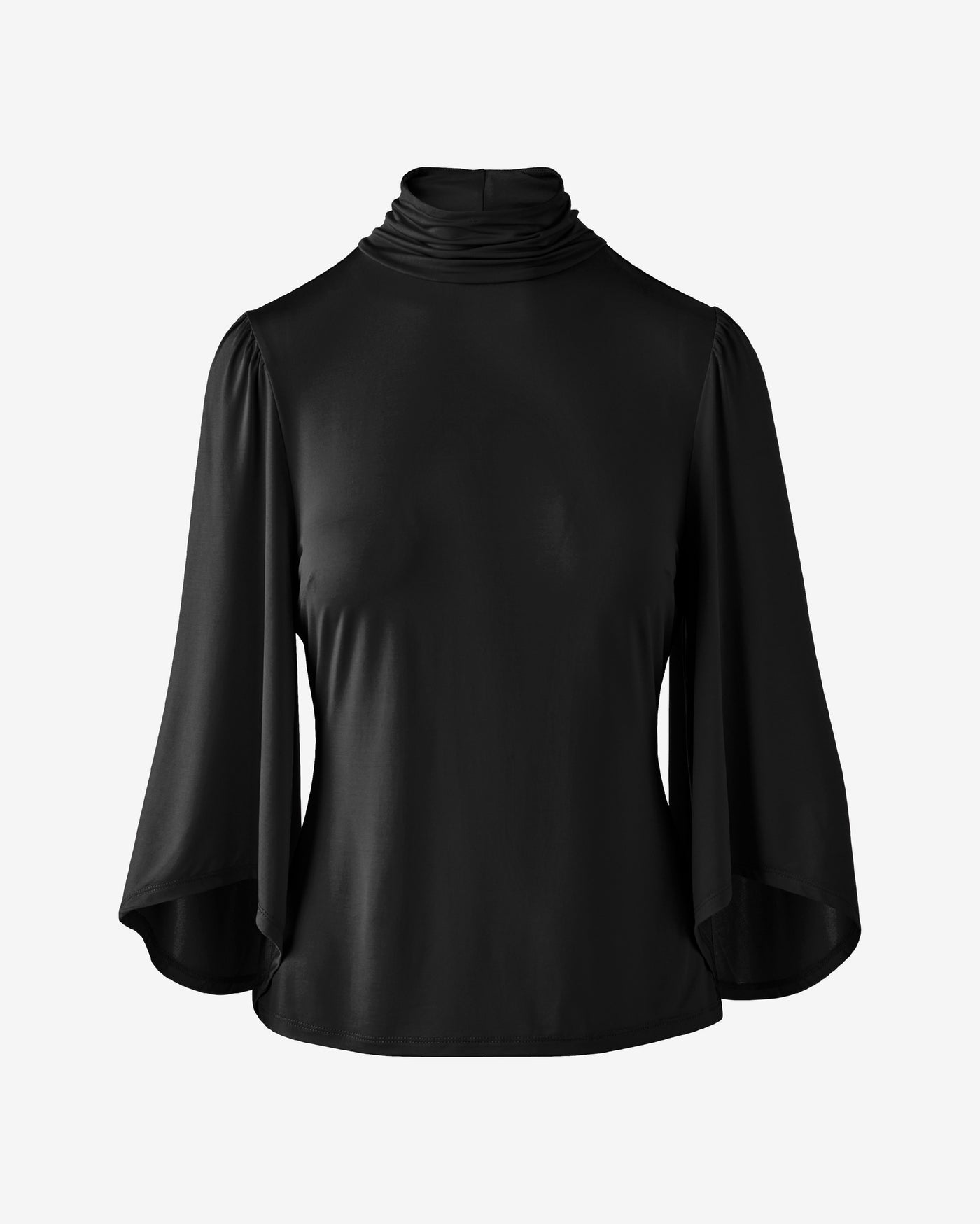 Ruched Flare Sleeve Turtle Neck Proper Black