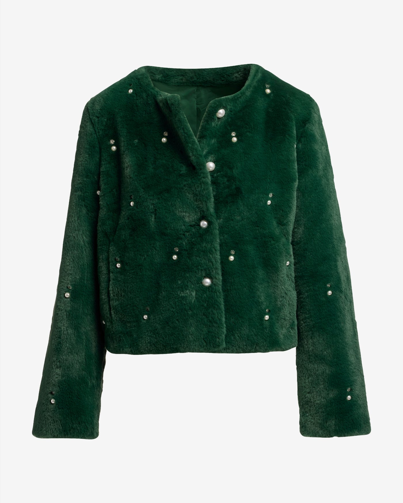 Pearl Embellished Faux Fur Collarless Chubby Emerald