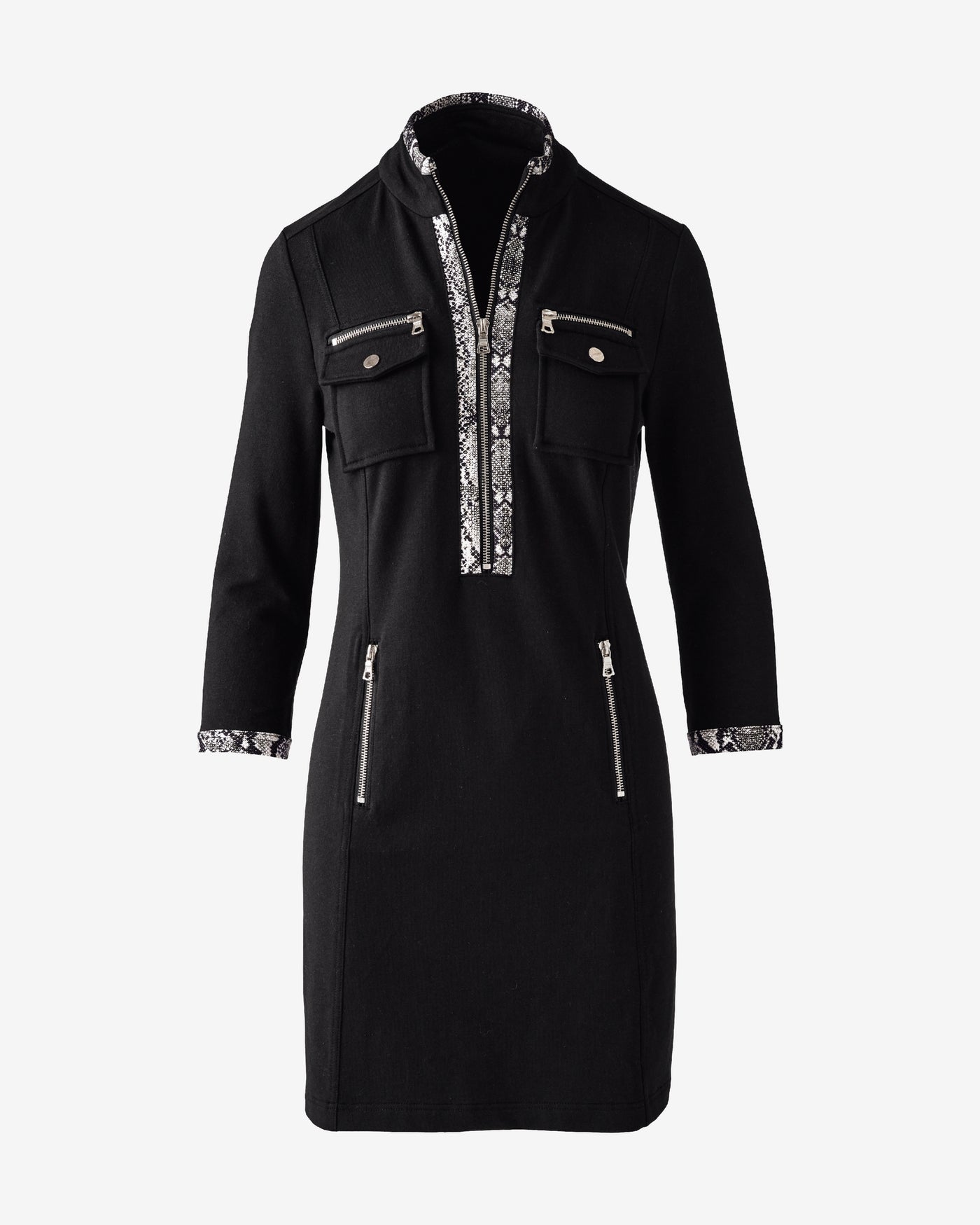 Three Quarter Sleeve Chic Zip Dress With Printed Trim Black