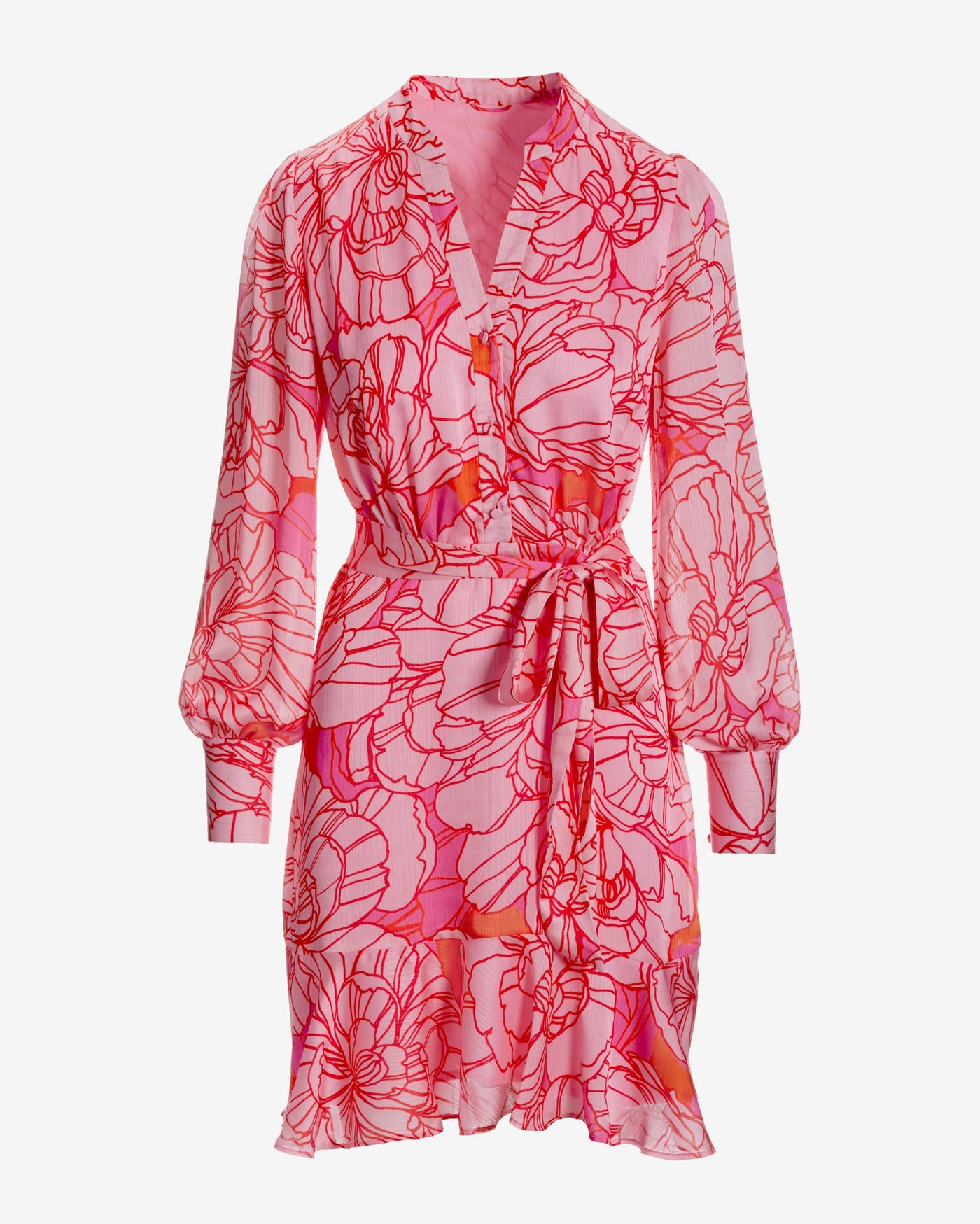 Blooming Outlines Print Button Up Ruffle Flounce Dress Pink