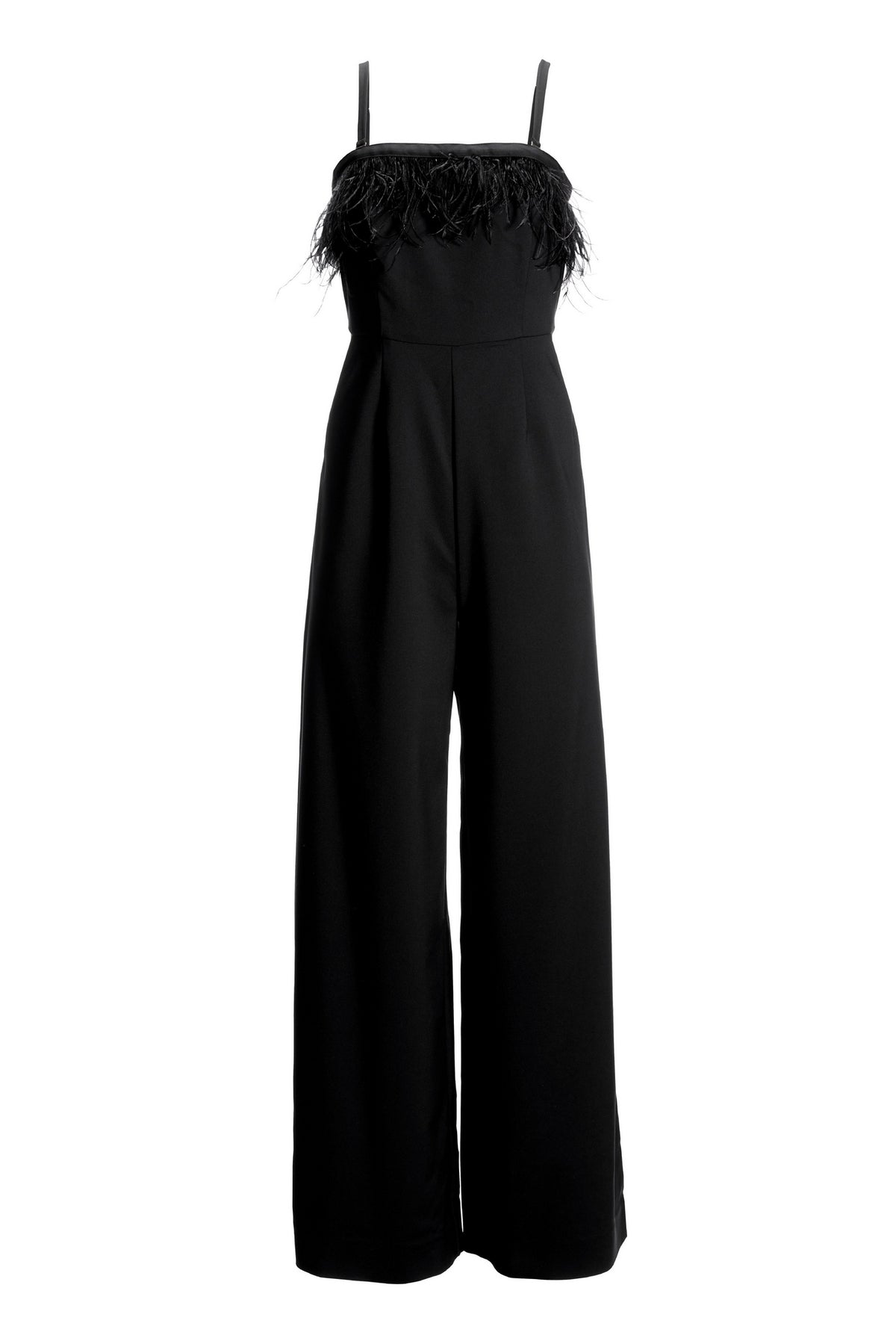 Strapless Faux-Feather Wide-Leg Jumpsuit Black