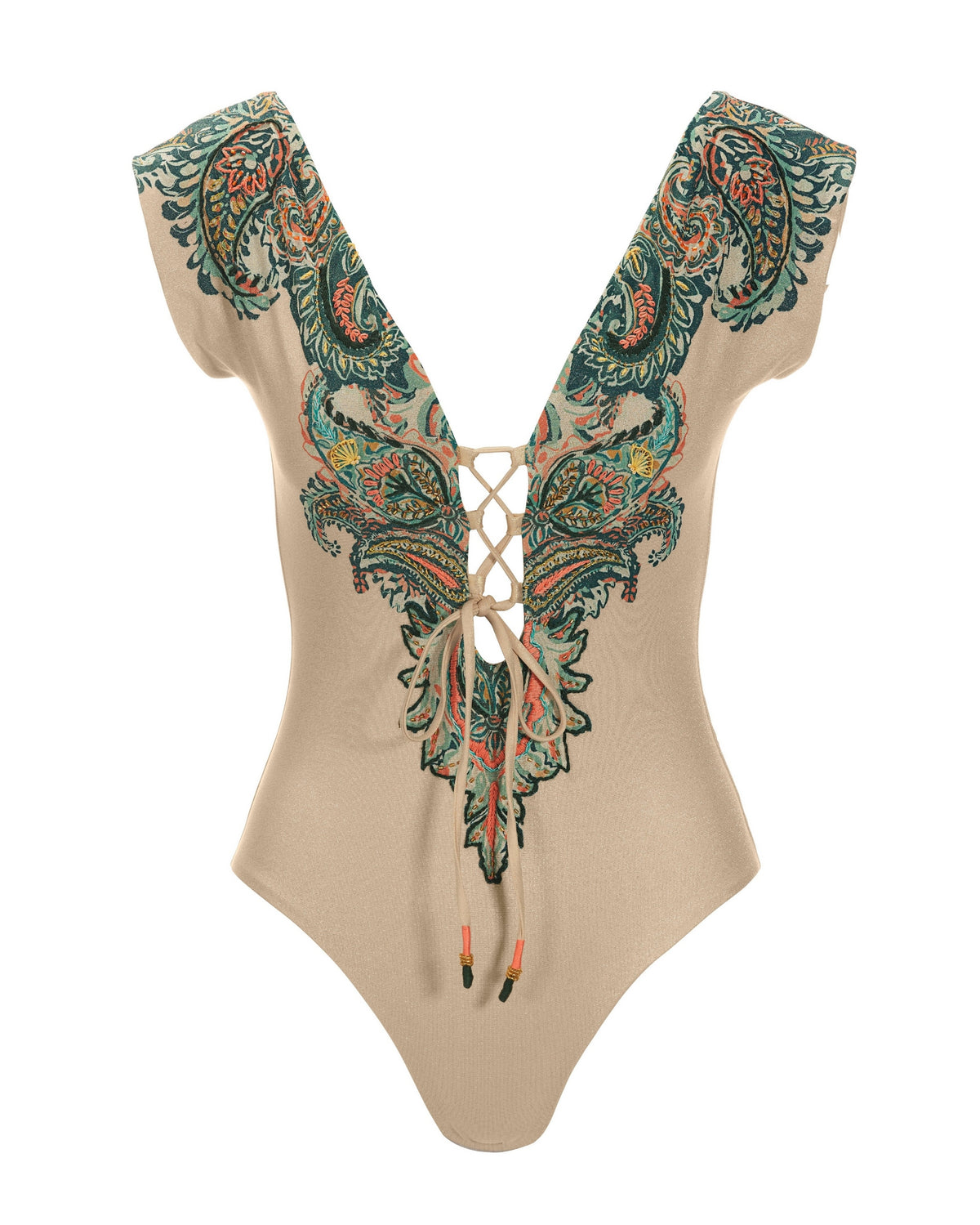 Paisley Embroidered Lace-Up Plunge One-Piece Swimsuit Ivory Multi