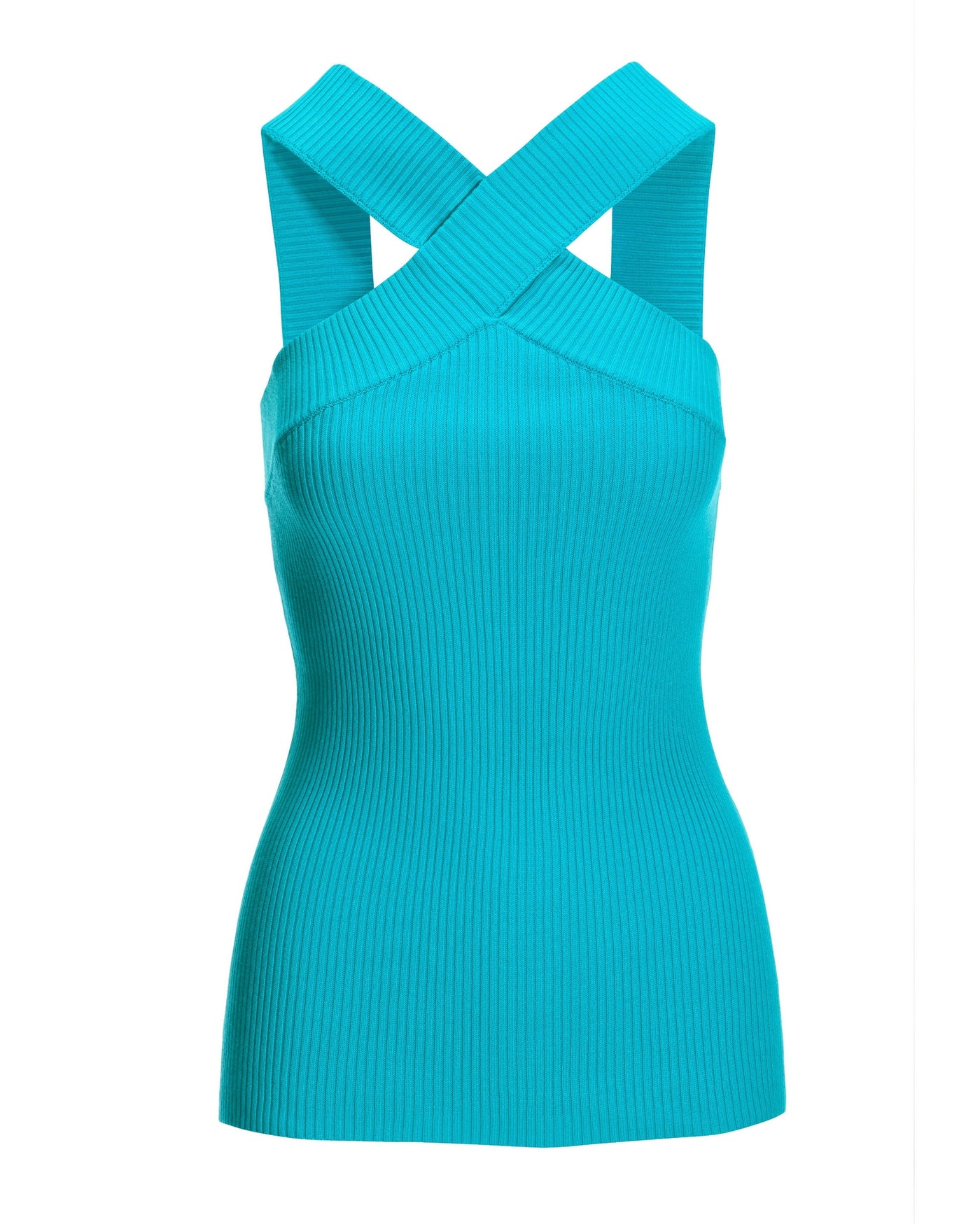 Ribbed High Neck Cross Front Tank Scuba Blue