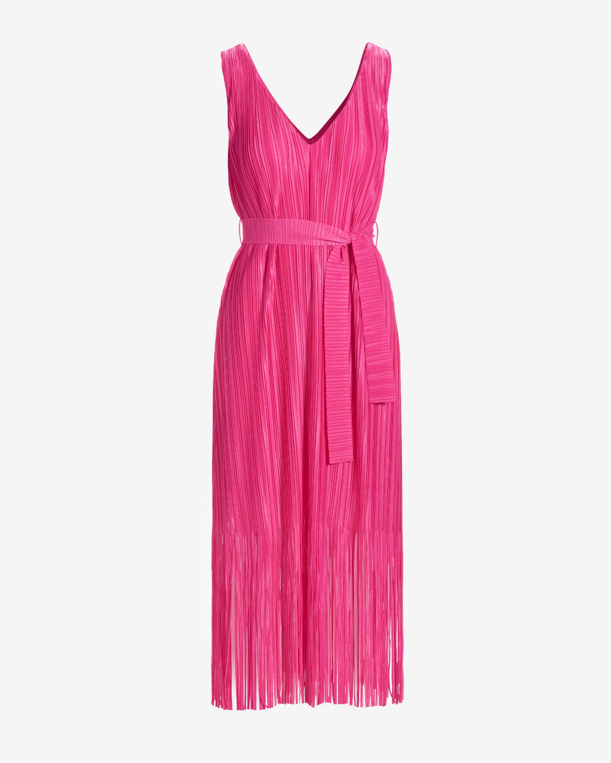 V Neck Fringe Pleated Midi Dress Shocking Pink