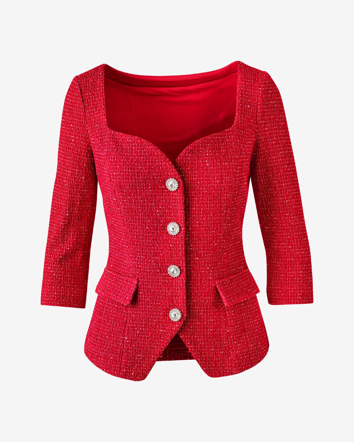 Knit Tweed Button Front Lady Jacket Red/Gold