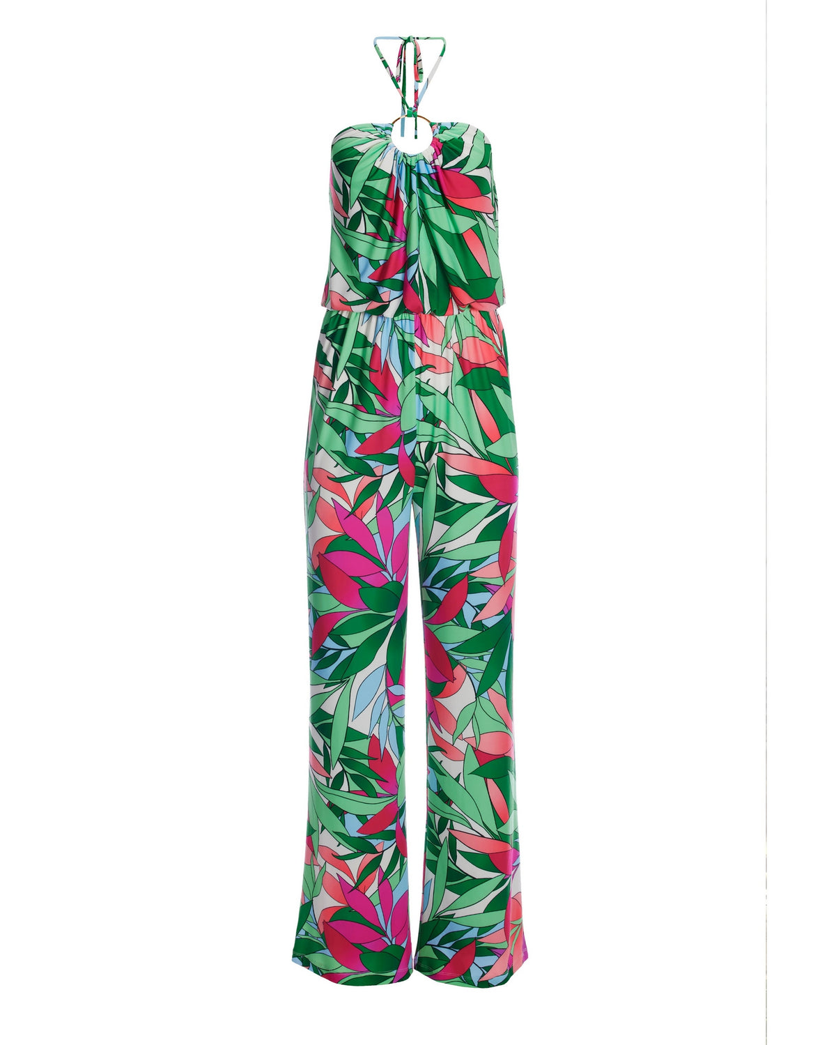 Palm Print Ring Detail Knit Blouson Jumpsuit Multi