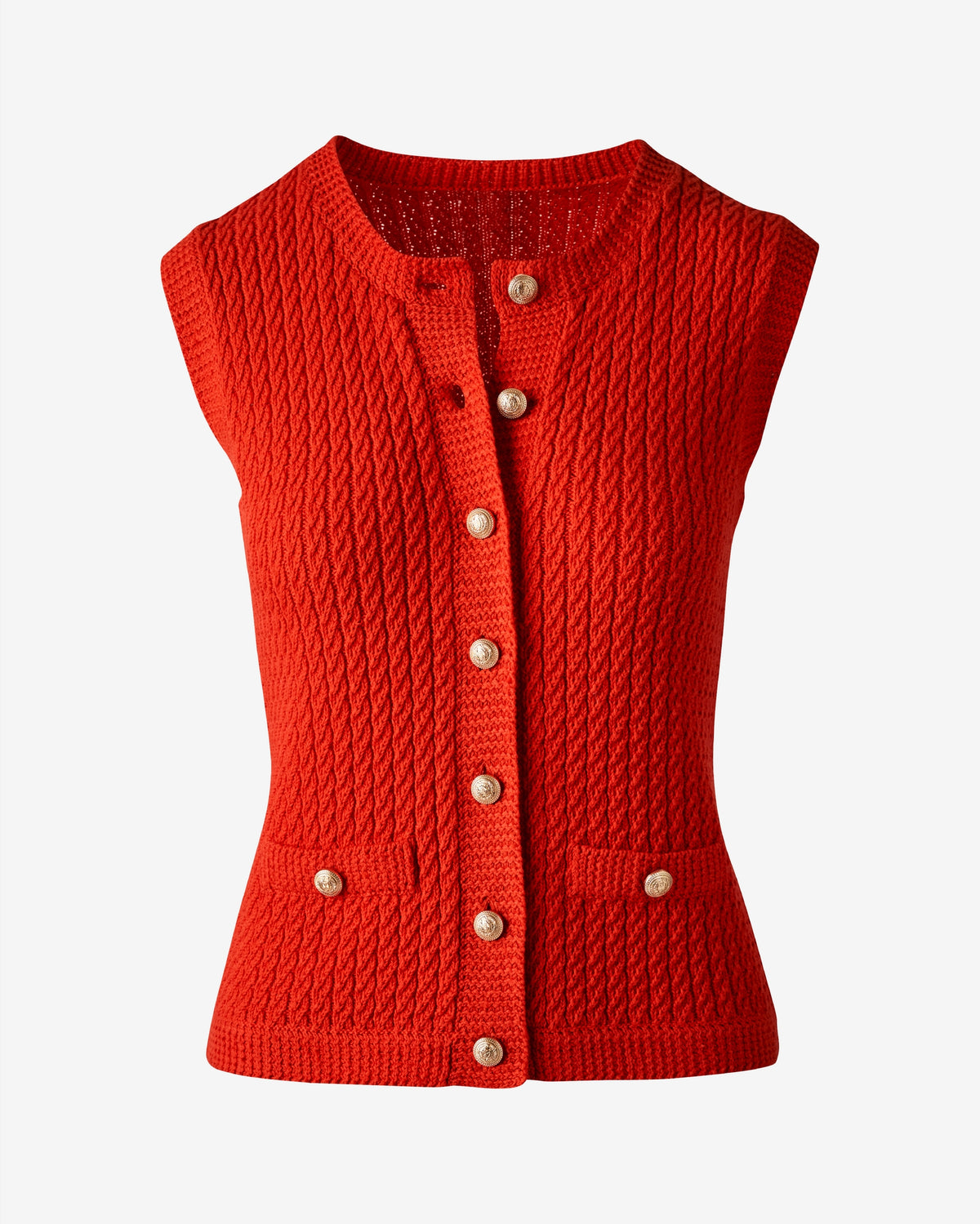 Sleeveless Textured Knit Button Front Sweater Tomato Red
