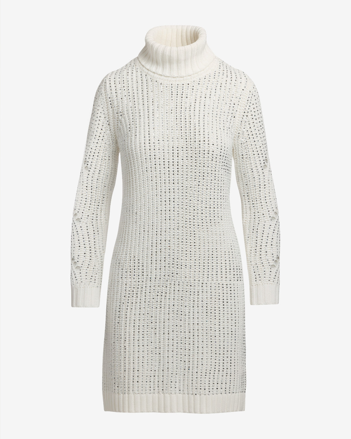 Crystal Embellished Turtleneck Sweater Dress Off White