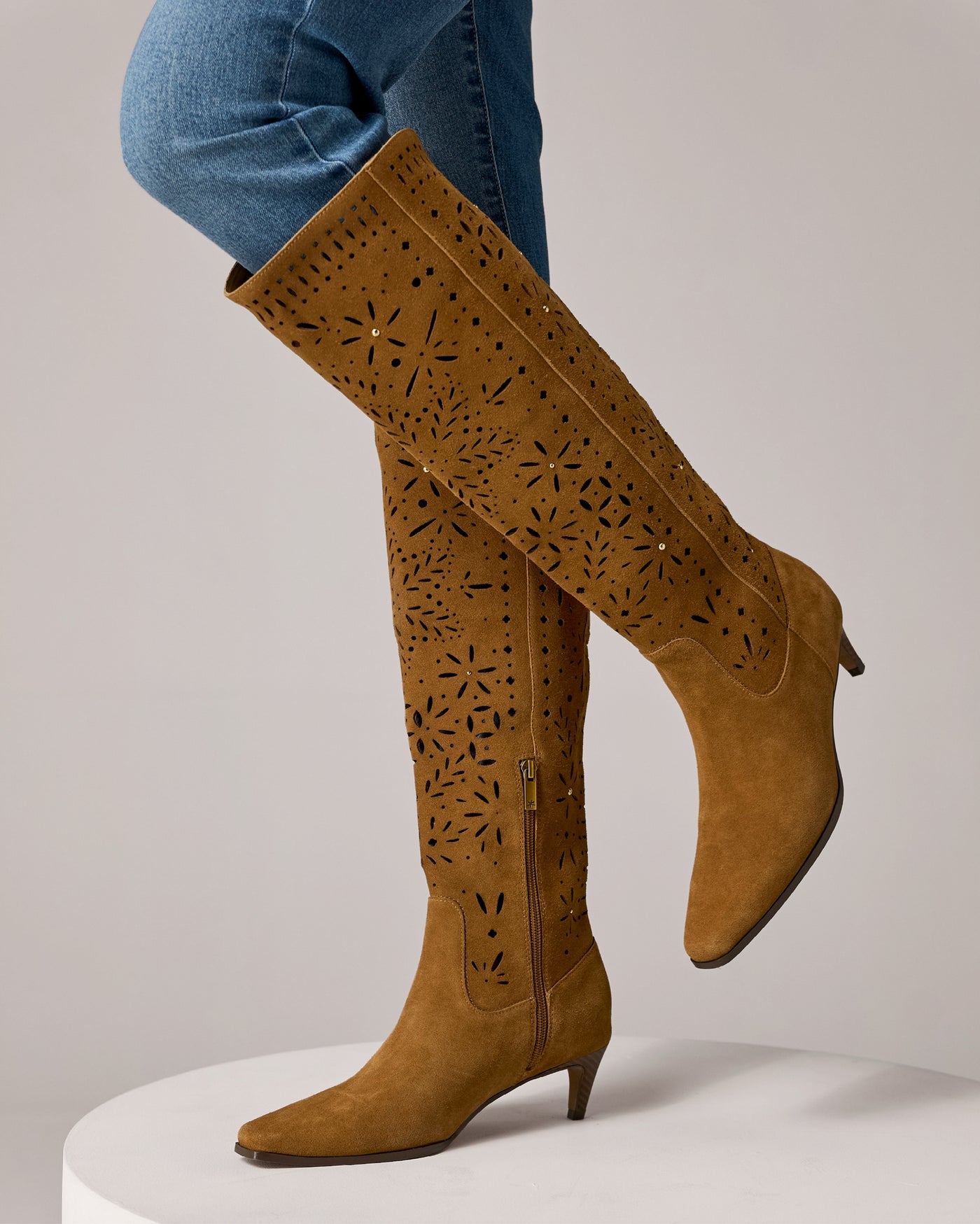 Splendid Laser Cut Out To The Knee Boot Caramel