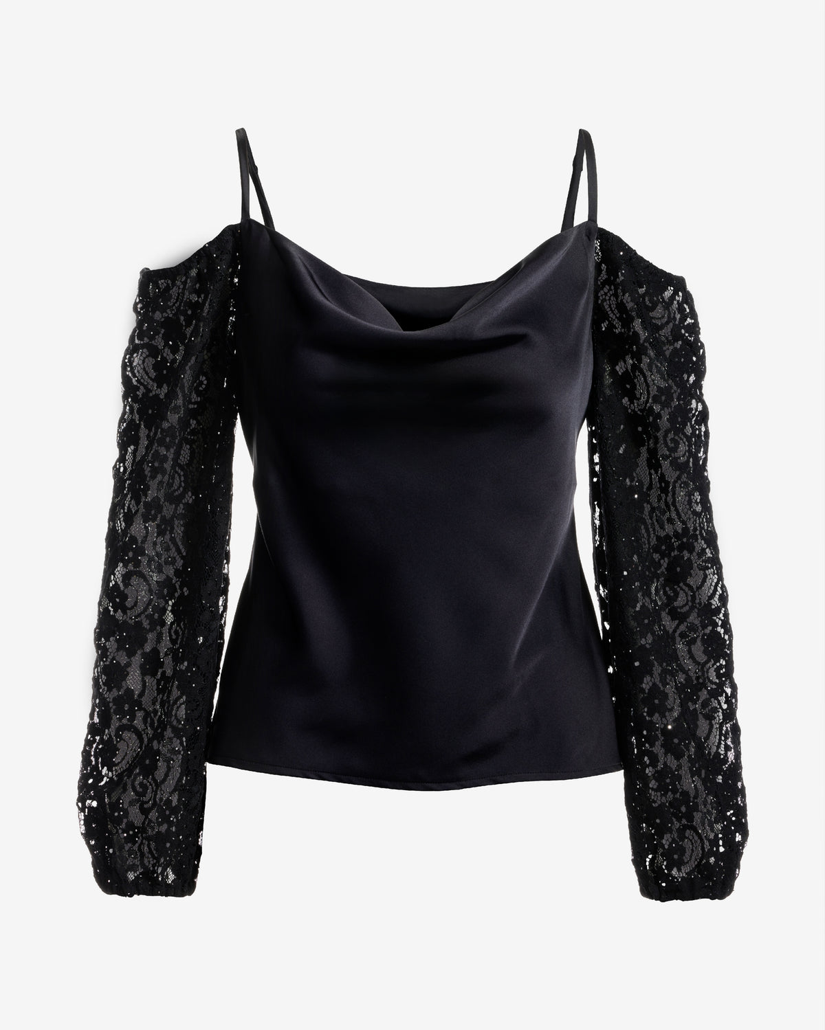 Cold Shoulder Lace Balloon Sleeve Black