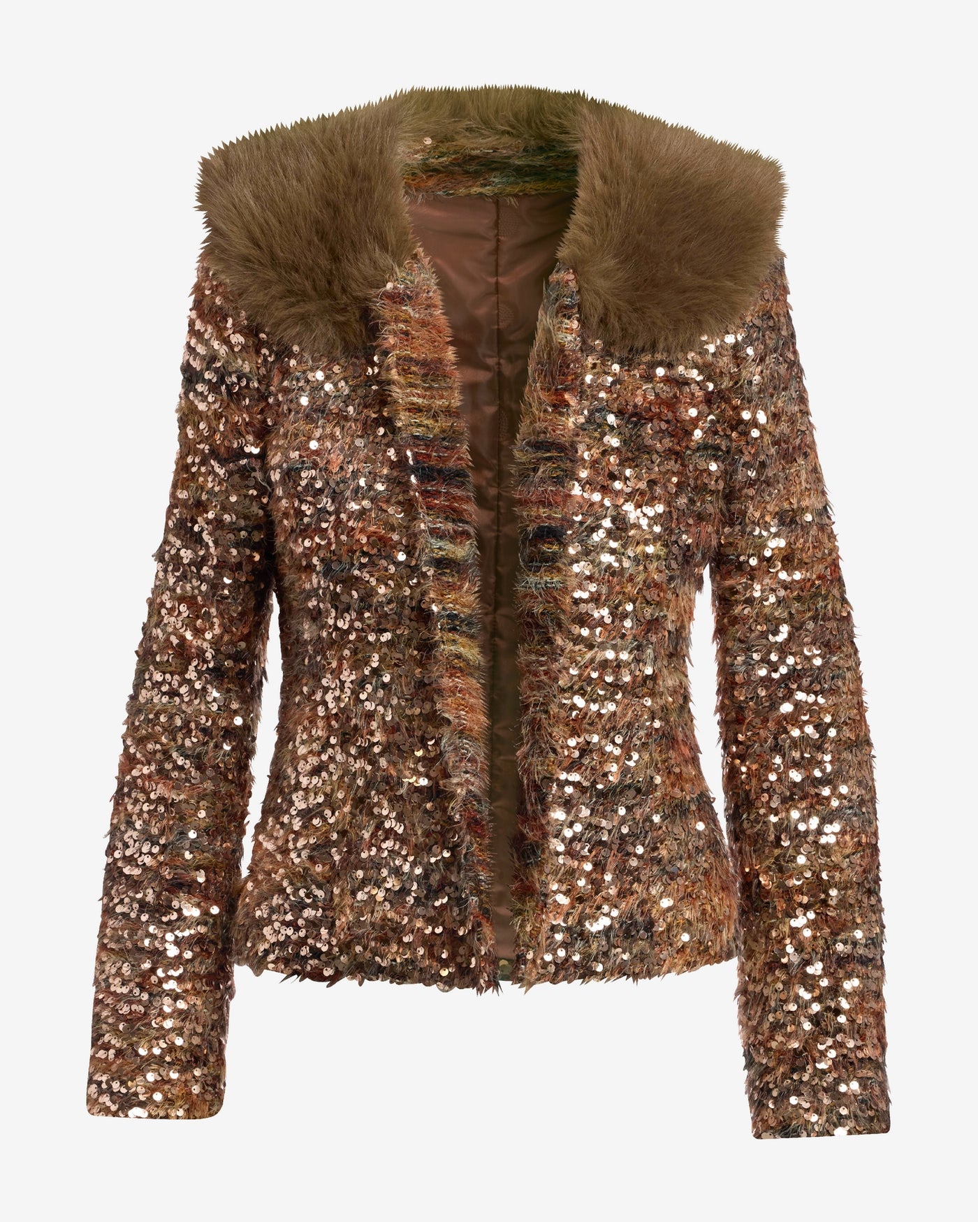 Rose Gold Sequin Faux Removable Fur Trim Jacket Multi