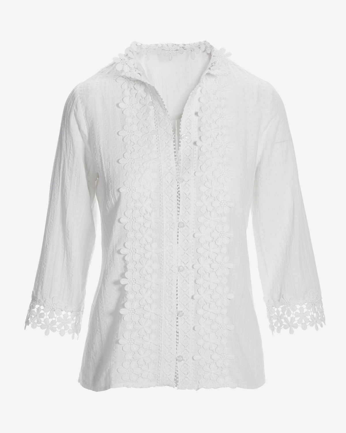 Floral Lace Button Up Cotton Shirt Off White