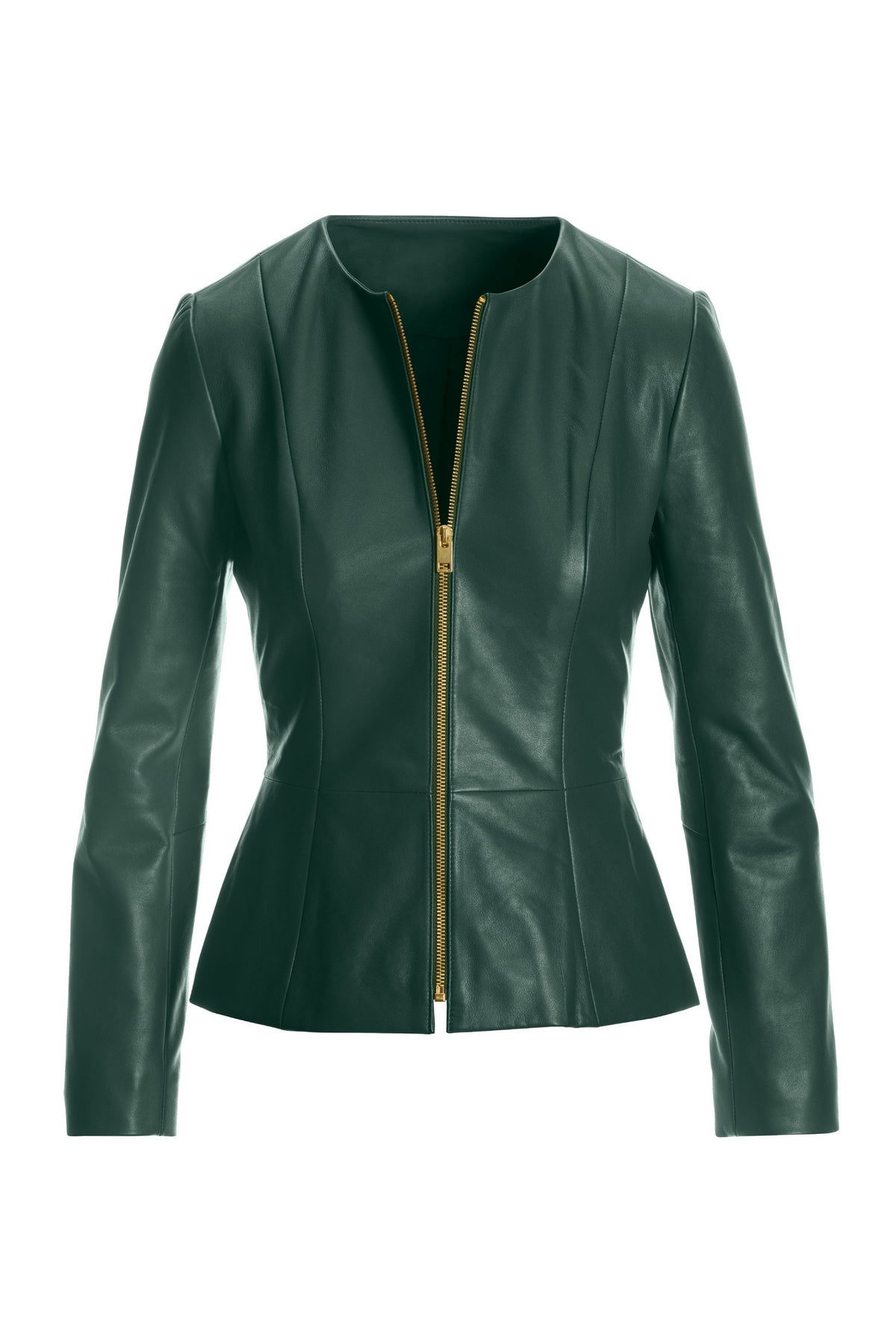 Collarless Peplum Leather Jacket Emerald Green