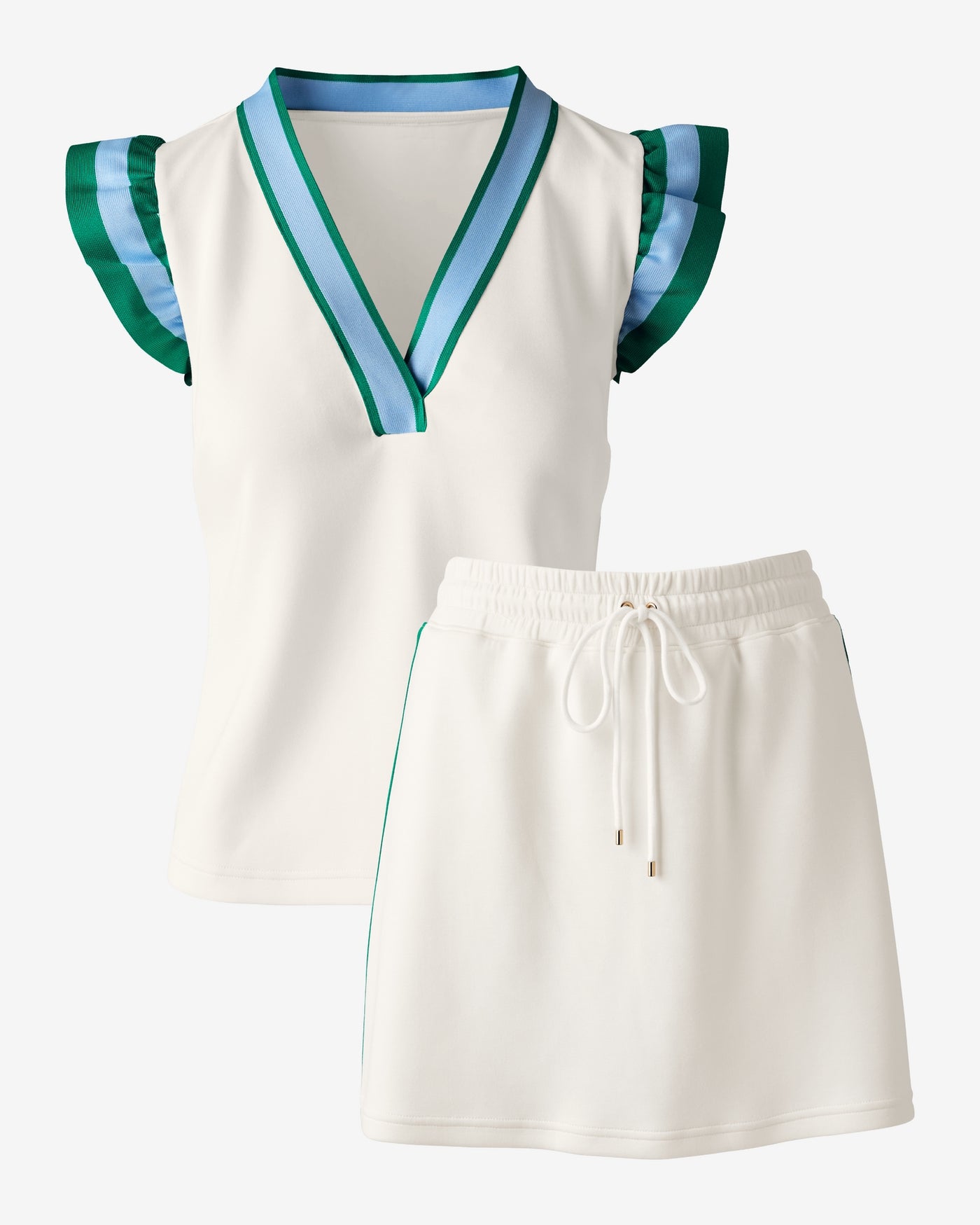 Luxe Lounge Ruffle Sleeve Top and Piped Skort Set White