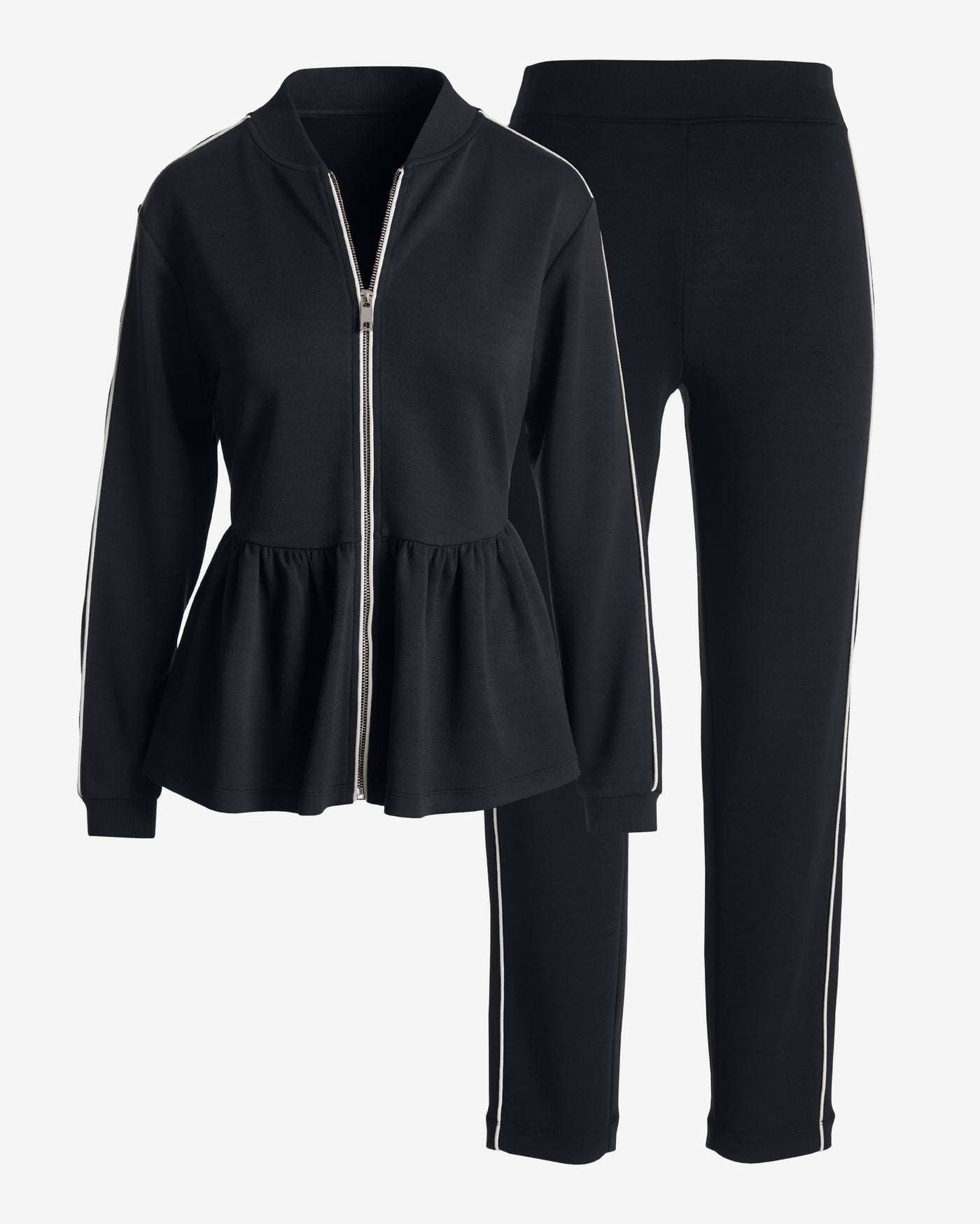 Luxe Lounge Piped Peplum Jacket and Pant Set Proper Black