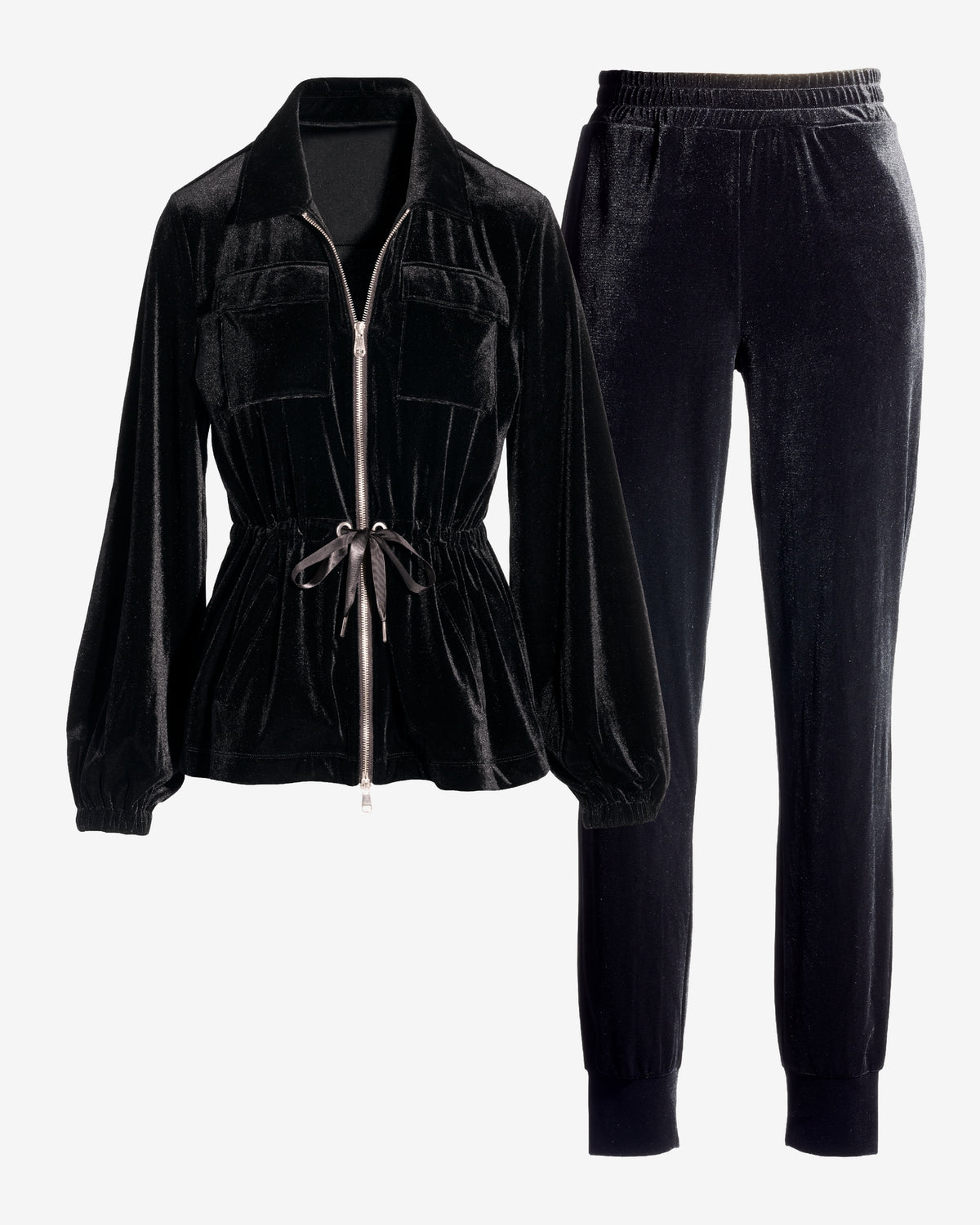 Chic Velour Drawstring Jacket and Jogger Set Black