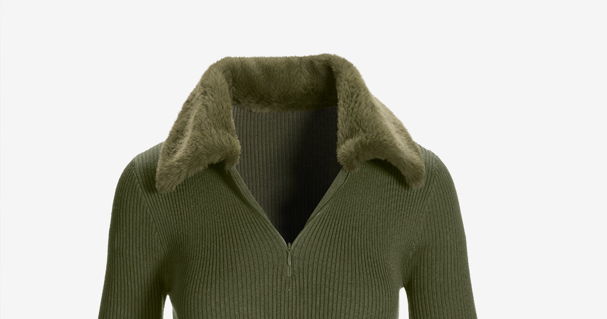 Faux Fur Collar Half Zip Ribbed Sweater - Olive Night & Boston Proper