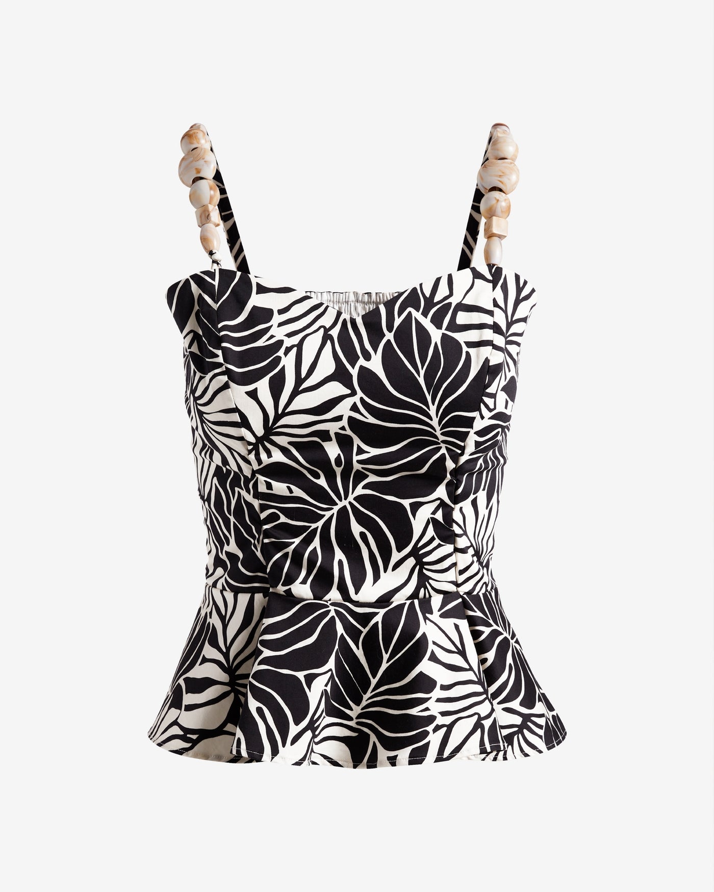 Printed Beaded Strap Peplum Top Contrast Leaves