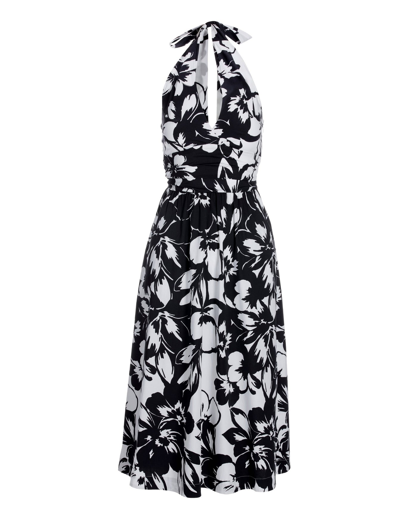 Exploded Florals Print Halter Fit-And-Flare Midi Dress Black/White