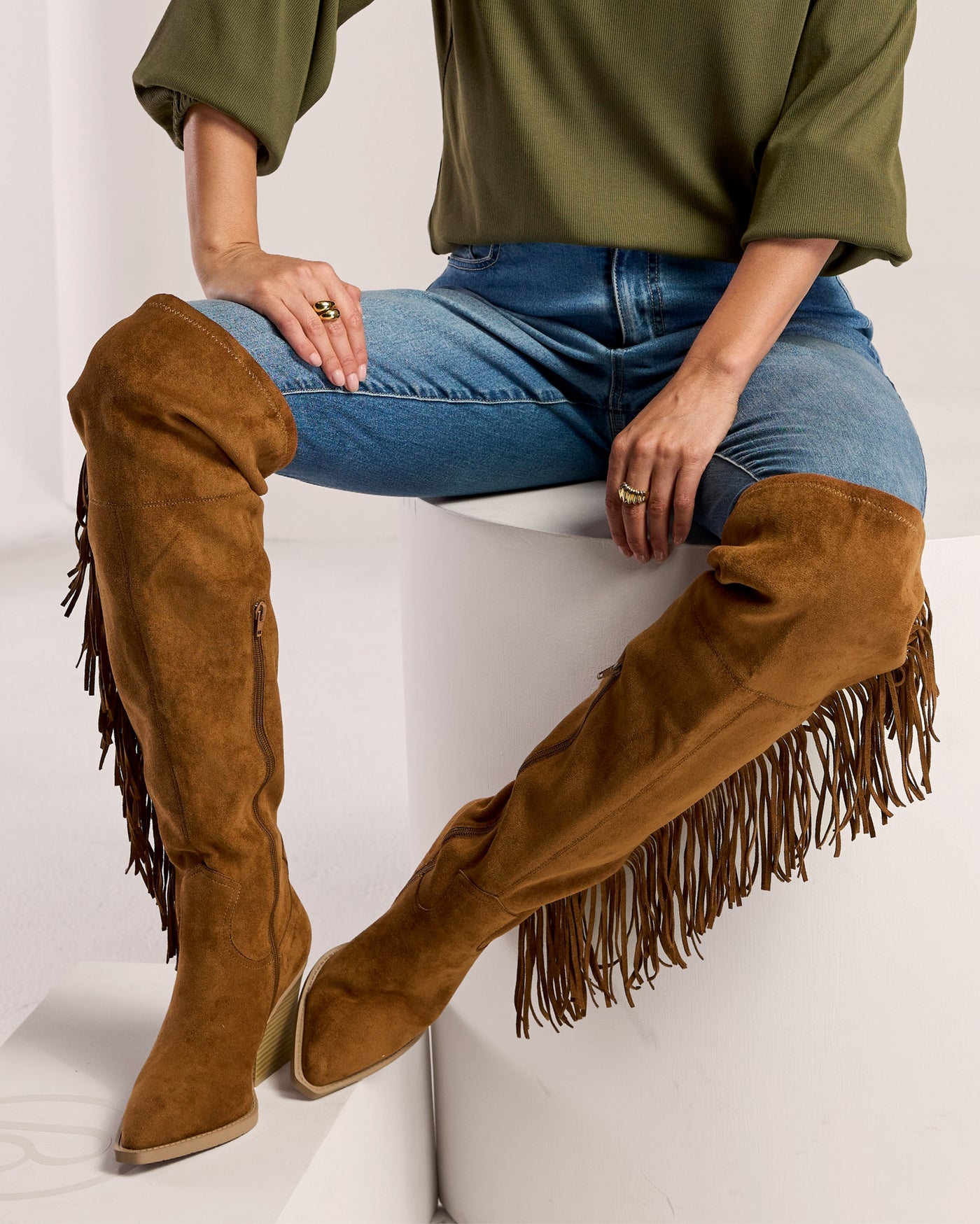Over The Knee Fringe Detail Western Boot Cognac