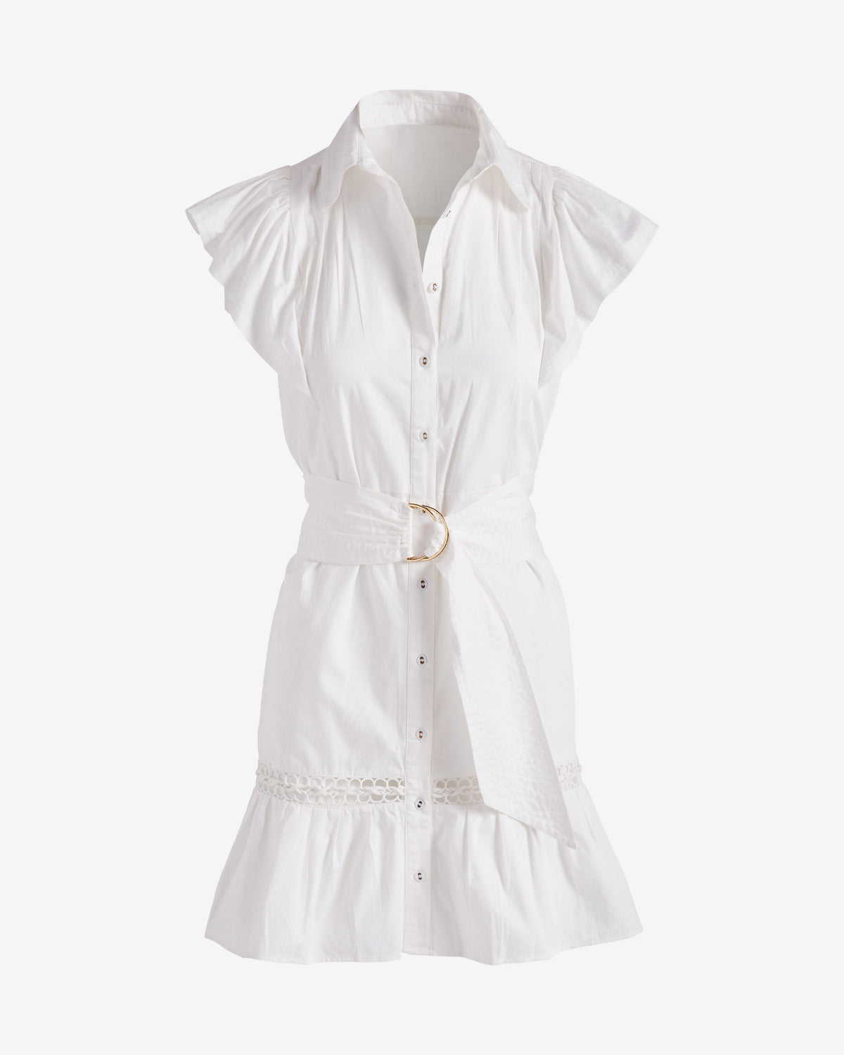 Belted Ruffle A-Line Shirt Dress Pure White