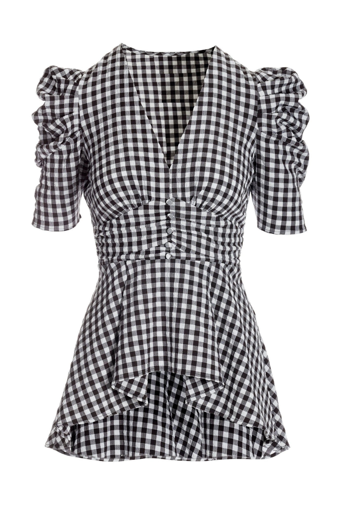 Gingham Covered Button High Low Knit Top Black/White
