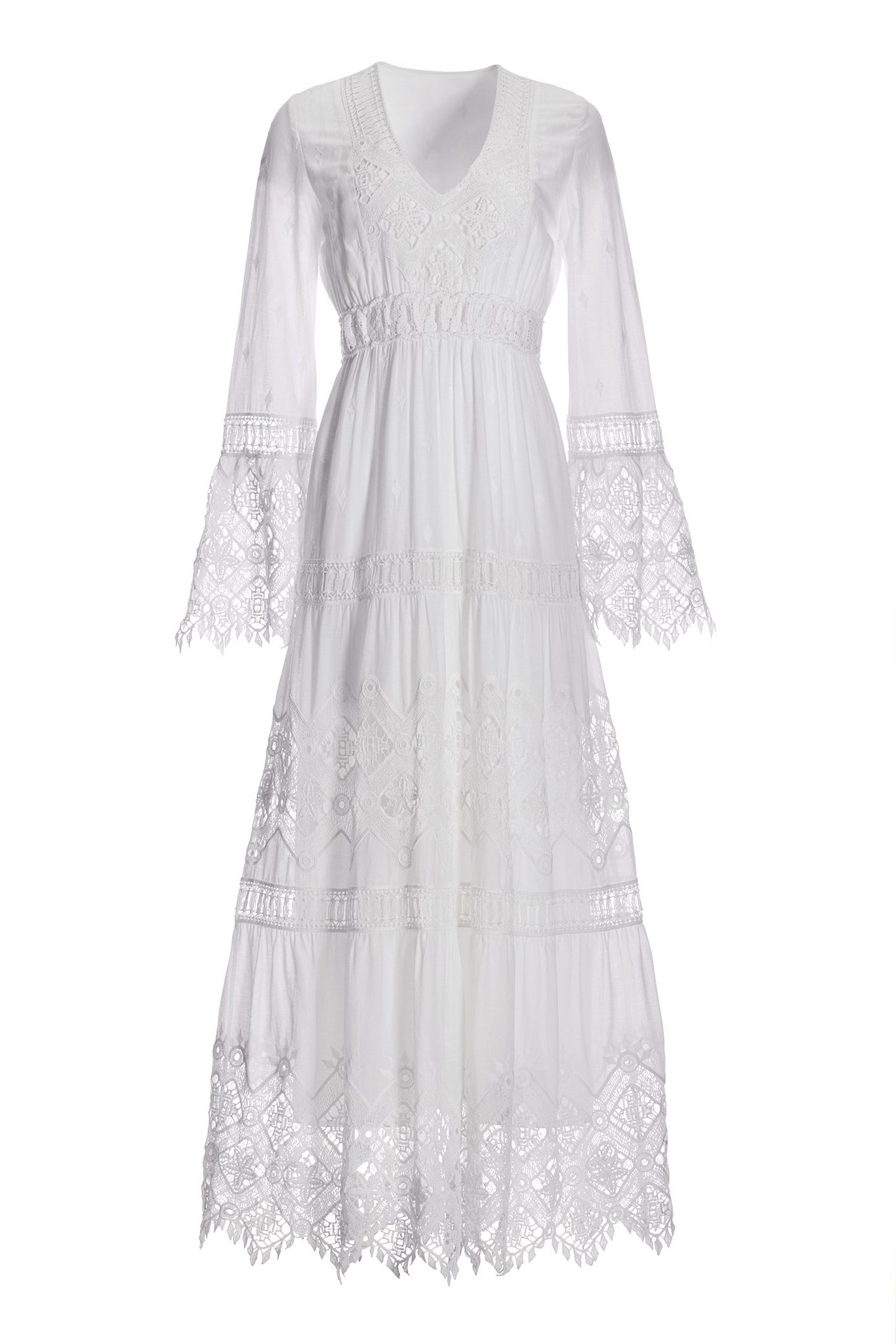 Lace Inset Flare Sleeve Maxi Dress White
