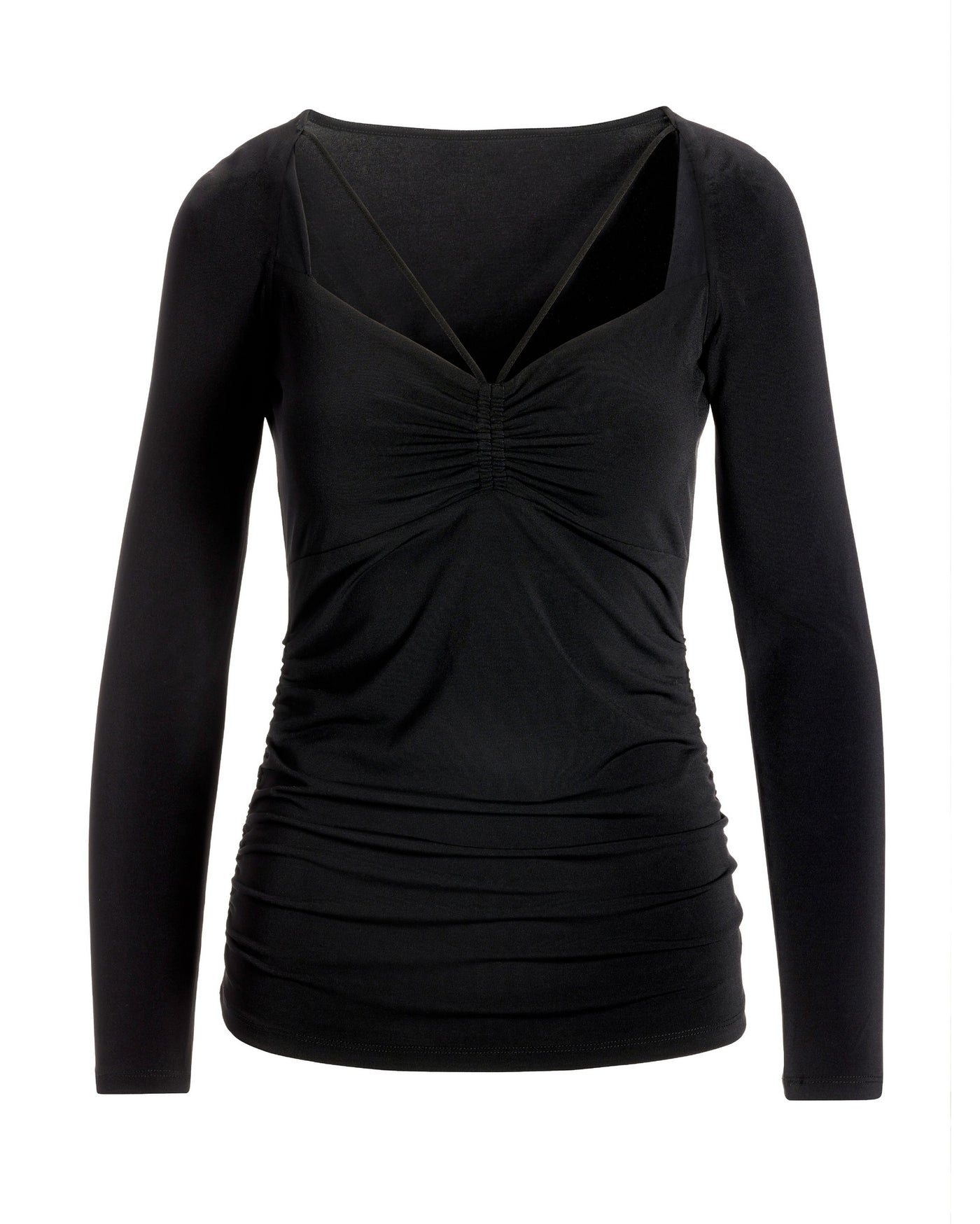 Ruched Center Strappy Long-Sleeve Knit Top Black