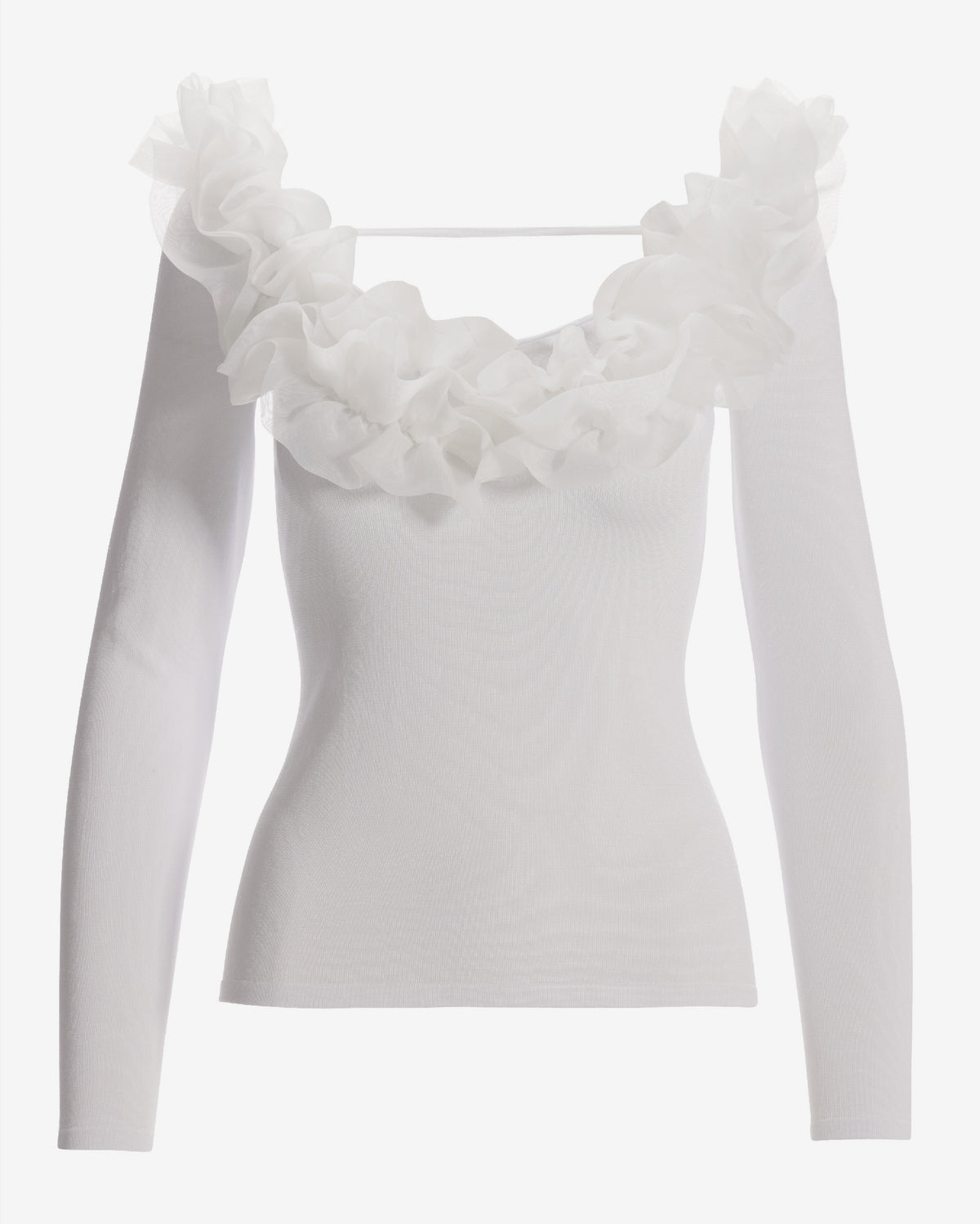Organza Ruffle V Neck Sweater Off White