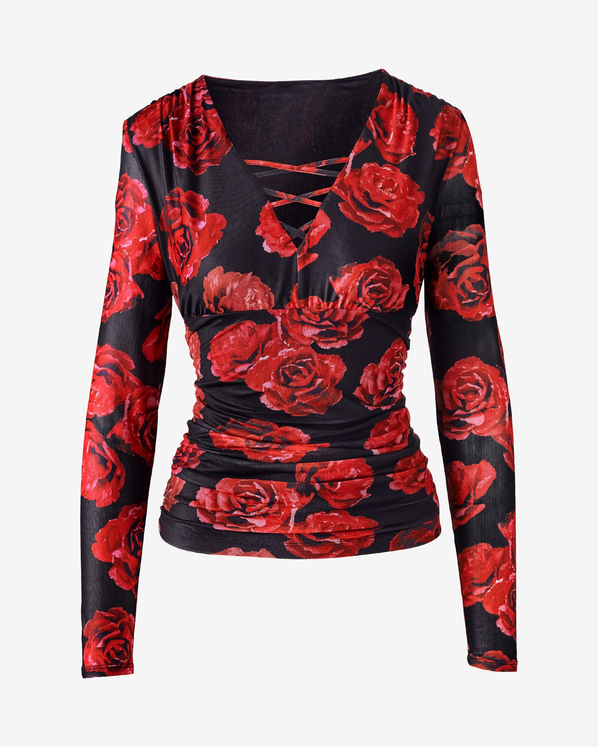 Mesh Printed Long Sleeve V Neck Lace Up Top Romantic Roses