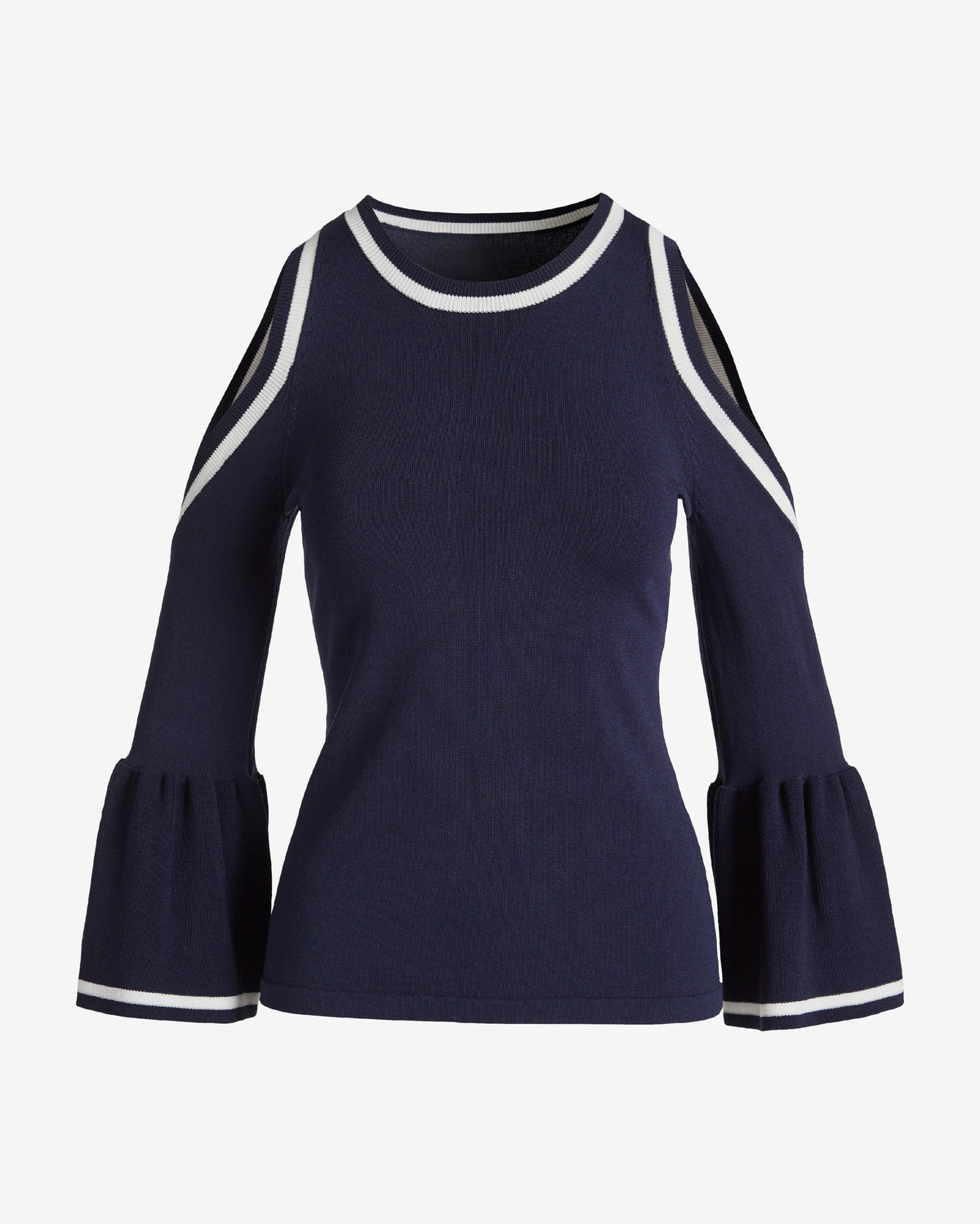 Color Block Cold Shoulder Ruffle Sleeve Sweater Navy/White