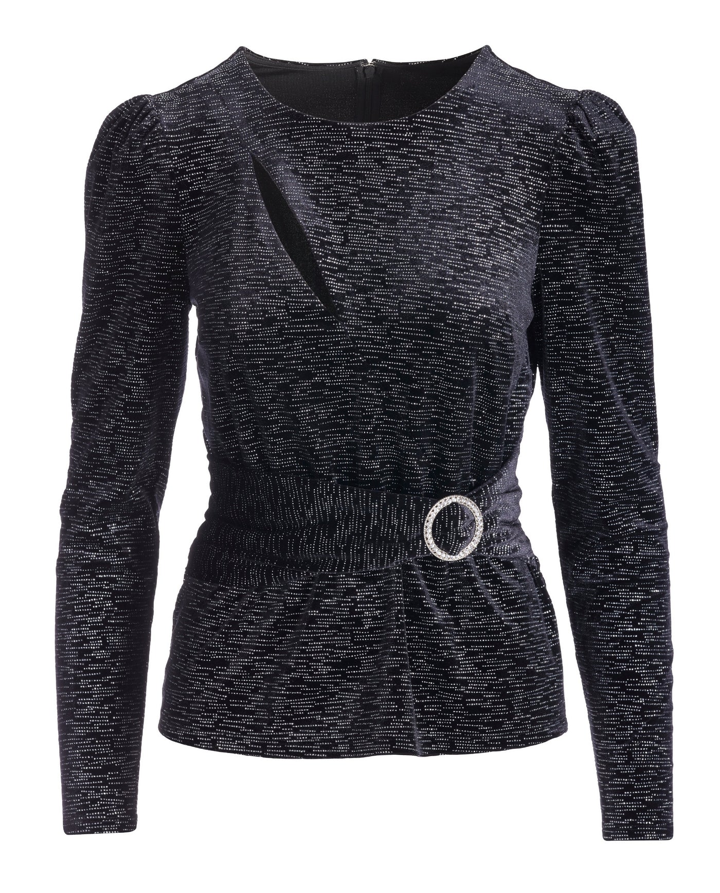 Metallic Velvet Cut Out Belted Knit Top Black/Silver