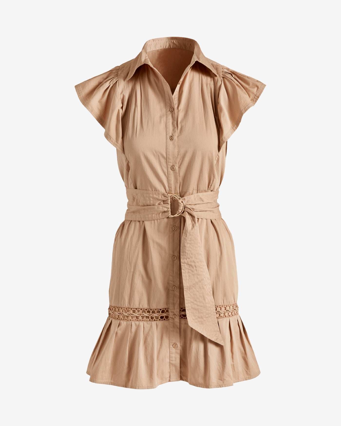 Belted Ruffle A-Line Shirt Dress Cappuccino