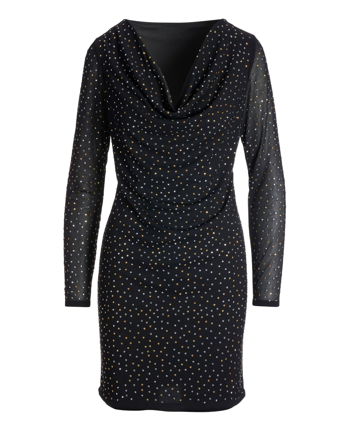 Metallic Bead Embellished Cowl-Neck Mesh Sheath Dress Black