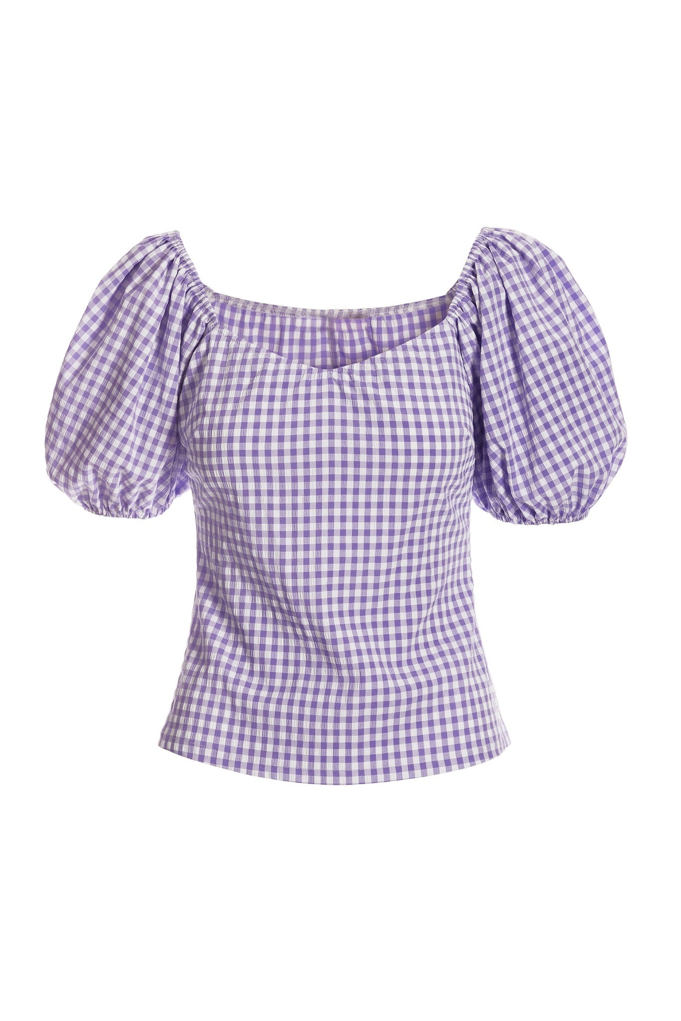 Gingham Puff Sleeve Sweetheart Top Lavender