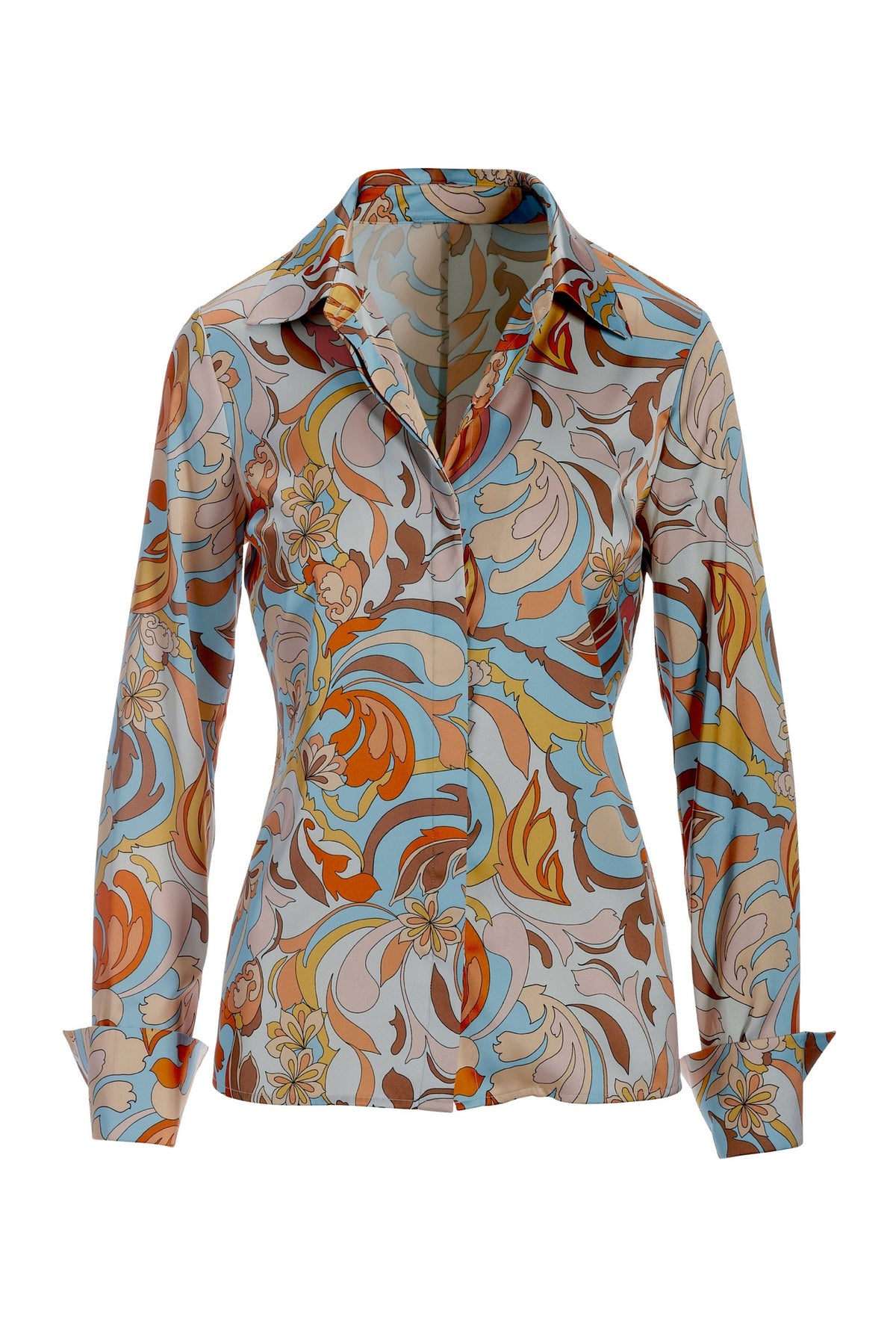Folk Favorite Print Sophia Button Up Charmeuse Blouse Blue Multi