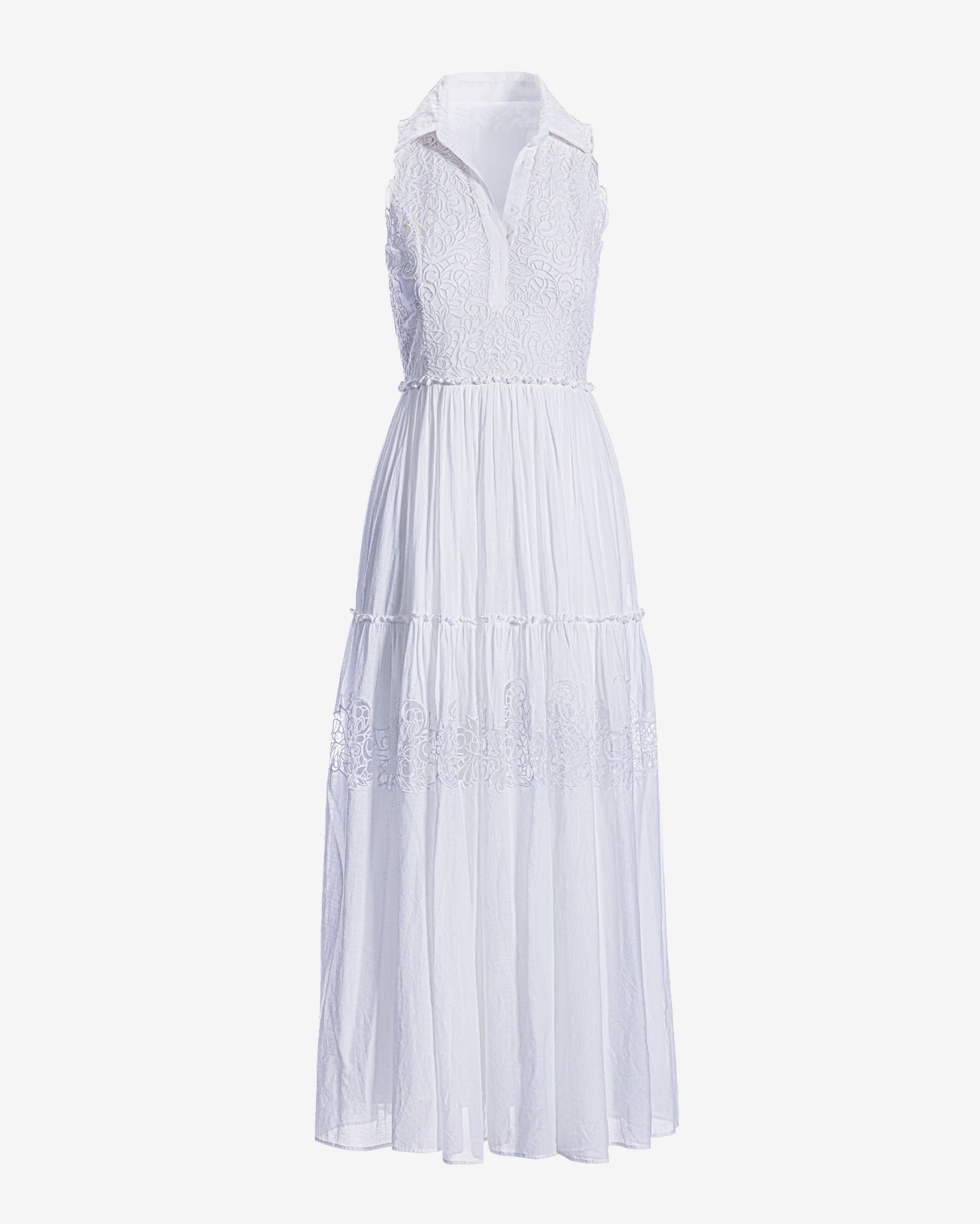 Lace Inset Tiered Ankle Length Cotton Dress Pure White