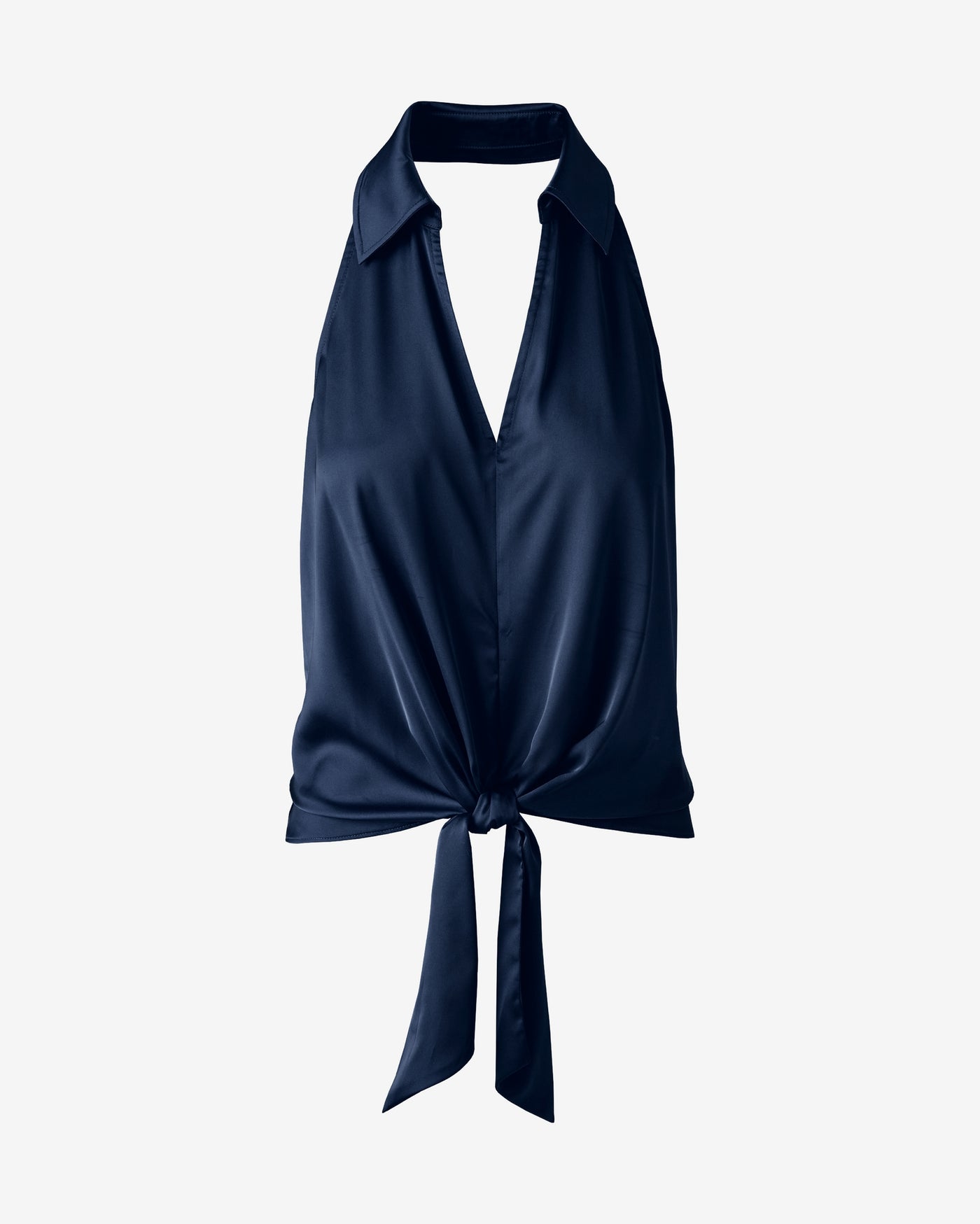 Charmeuse Collared Halter Front Tie Top Navy