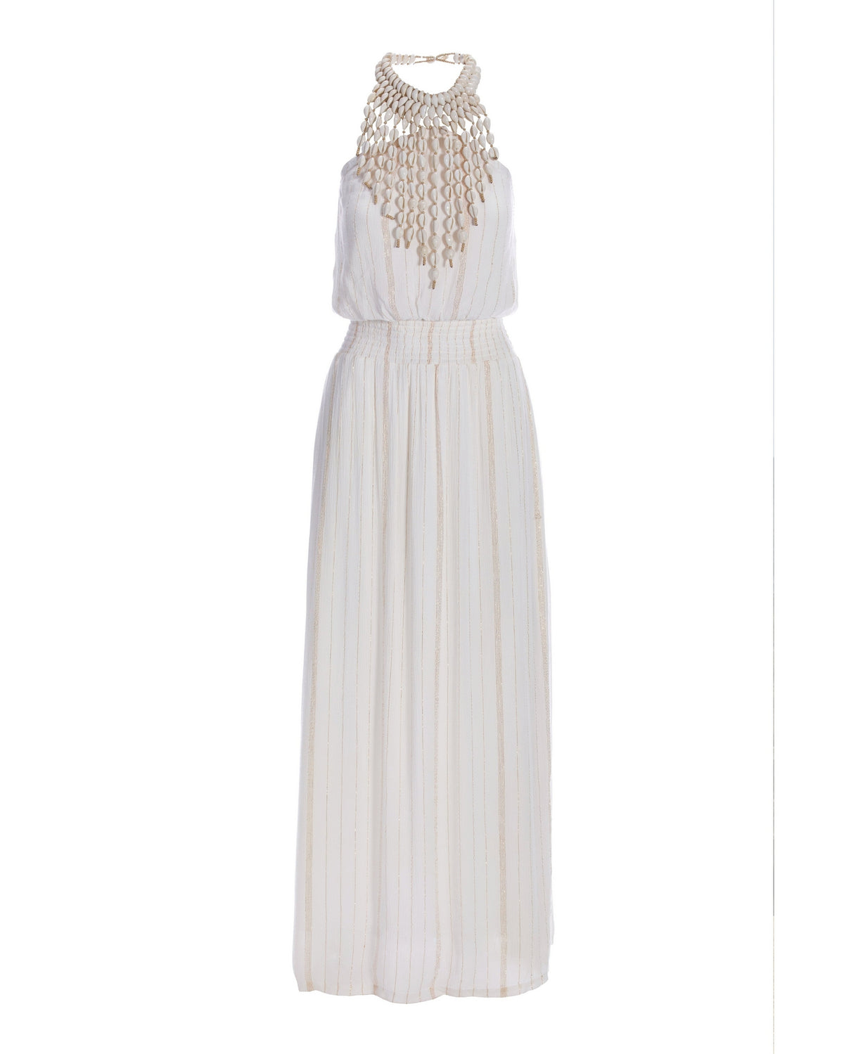 Shell Necklace Shimmer Smocked Waist Dress White Multi