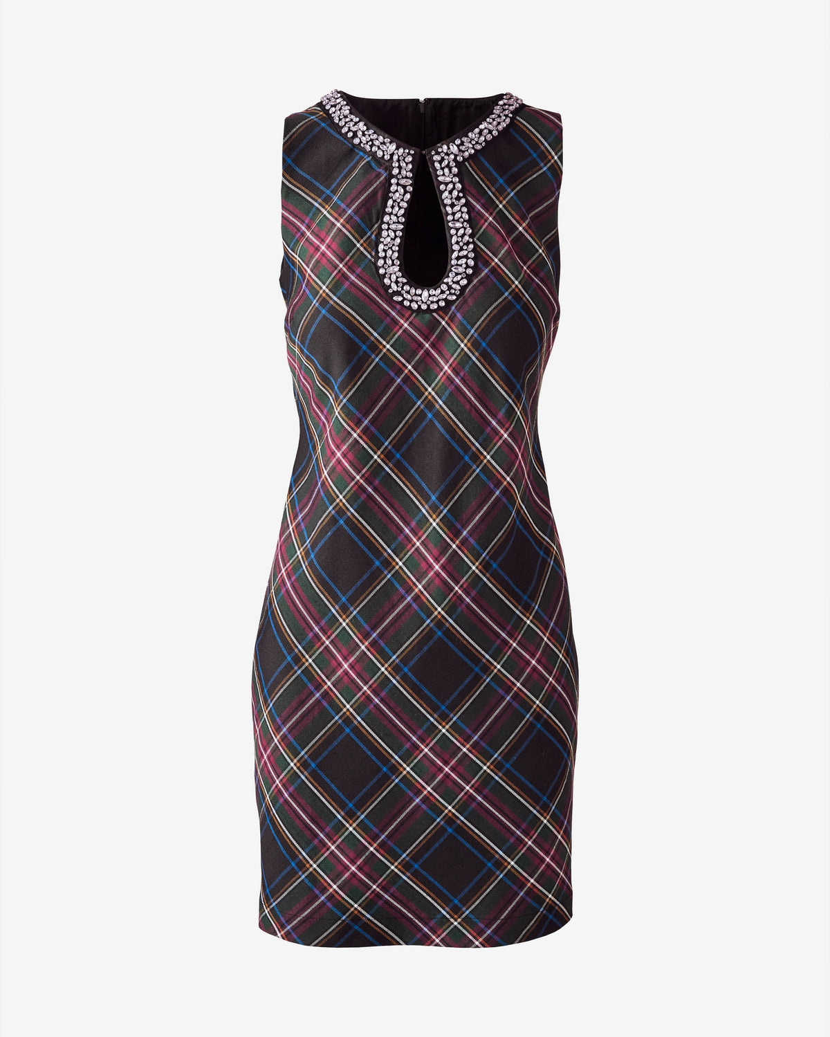 Rhinestone Embellished Plaid Mini Dress Black Multi