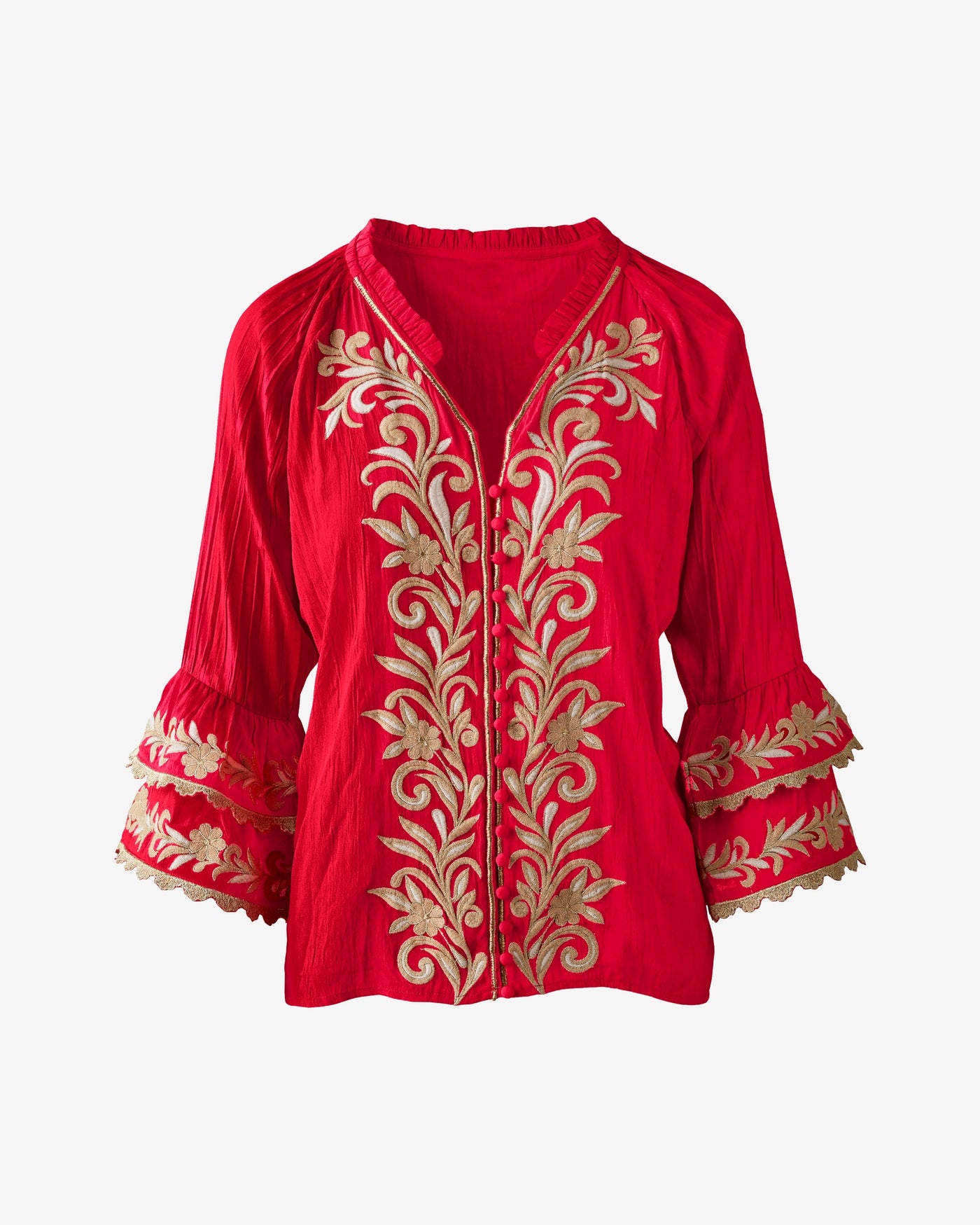 Embroidered Boho Ruffle Flare Sleeve Blouse Tomato Red