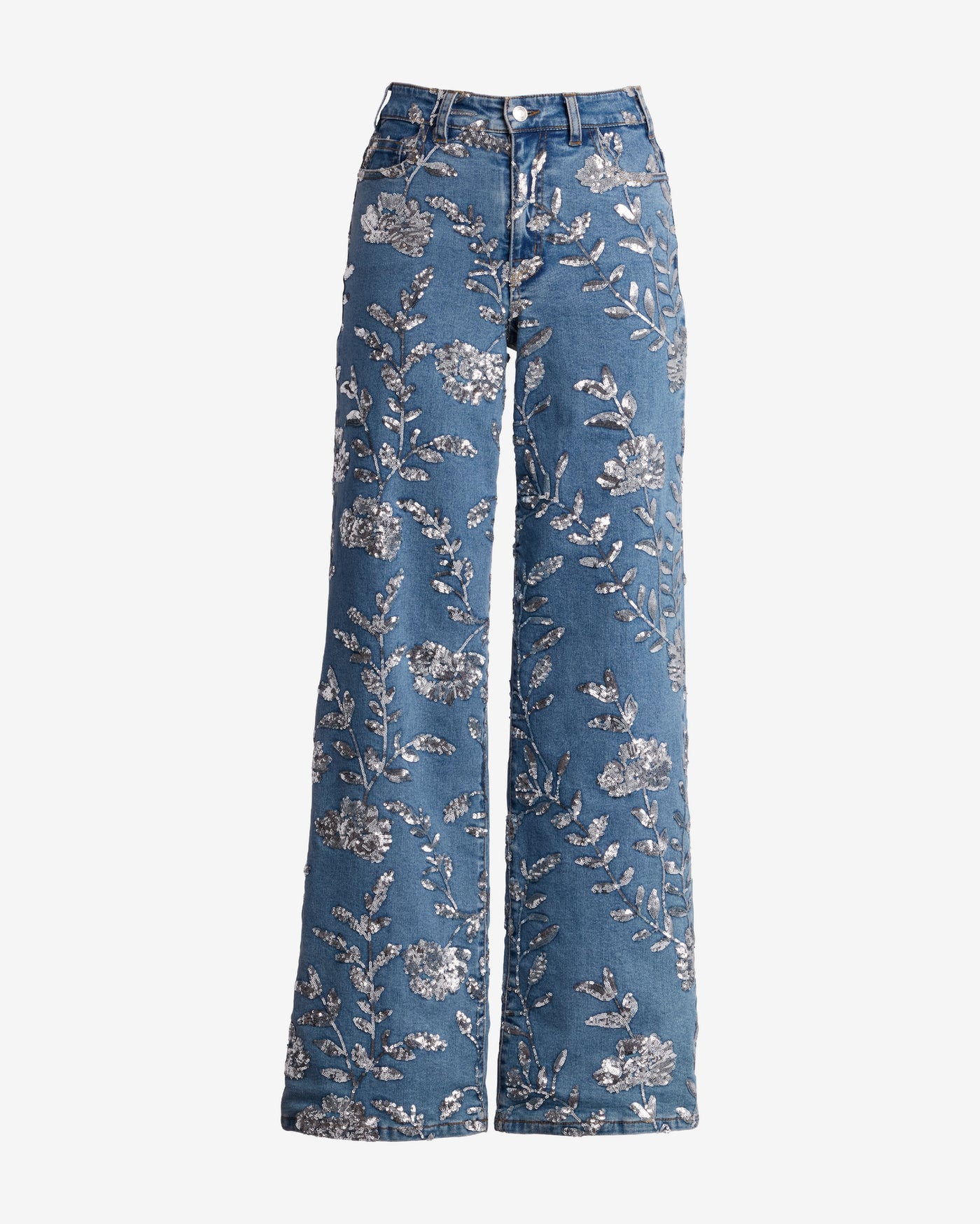 Floral Sequin Wide Leg Jean Medium Wash/Silver